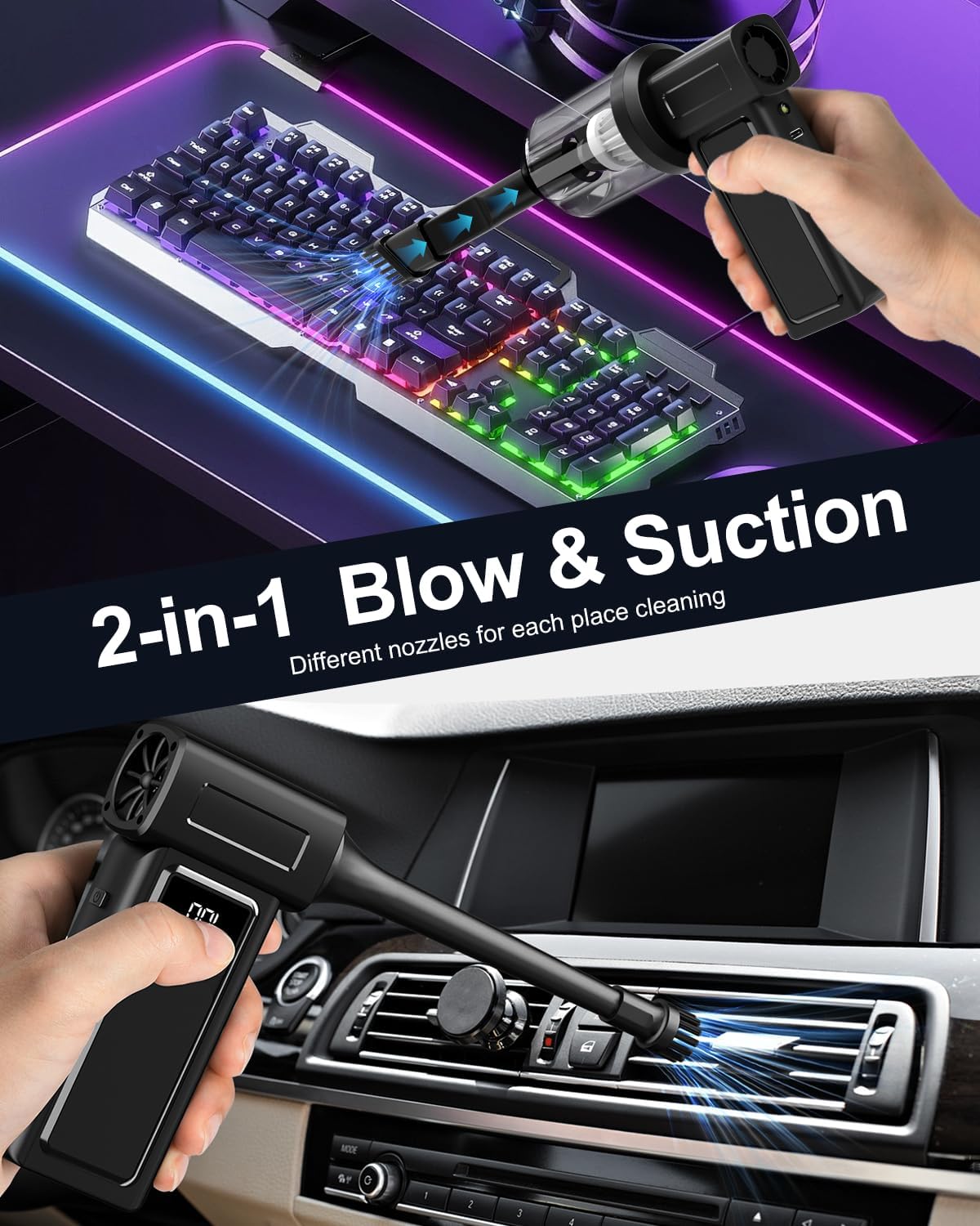 Compressed Electric Air Duster & Handheld Car Vacuum Cleaner 2-in-1-10000mAh Battery 180000RPM 4-Speed echargeable Air Blower for Car Cleaning, Home, Keyboard, PC, LED Light