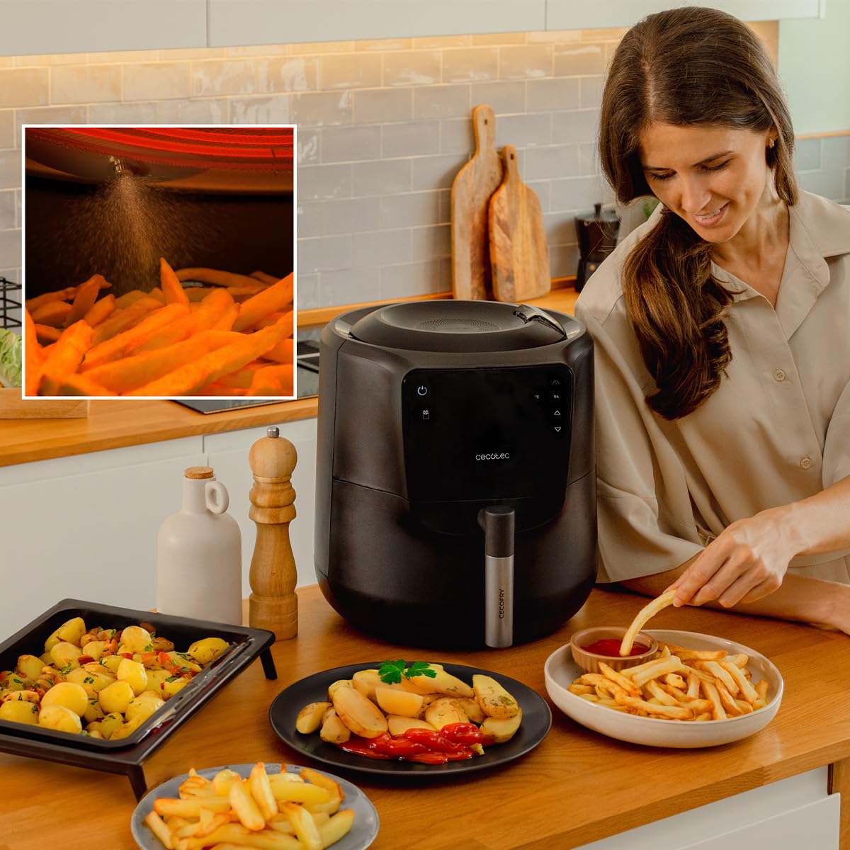 Cecotec Friggitrice ad aria senza olio da 5,5 litri con spray Air Fryer Cecofry Rain M. 1550 W, spray automatico e manuale, pannello di controllo tattile, termostato regolabile, autopulizia, 8 menu