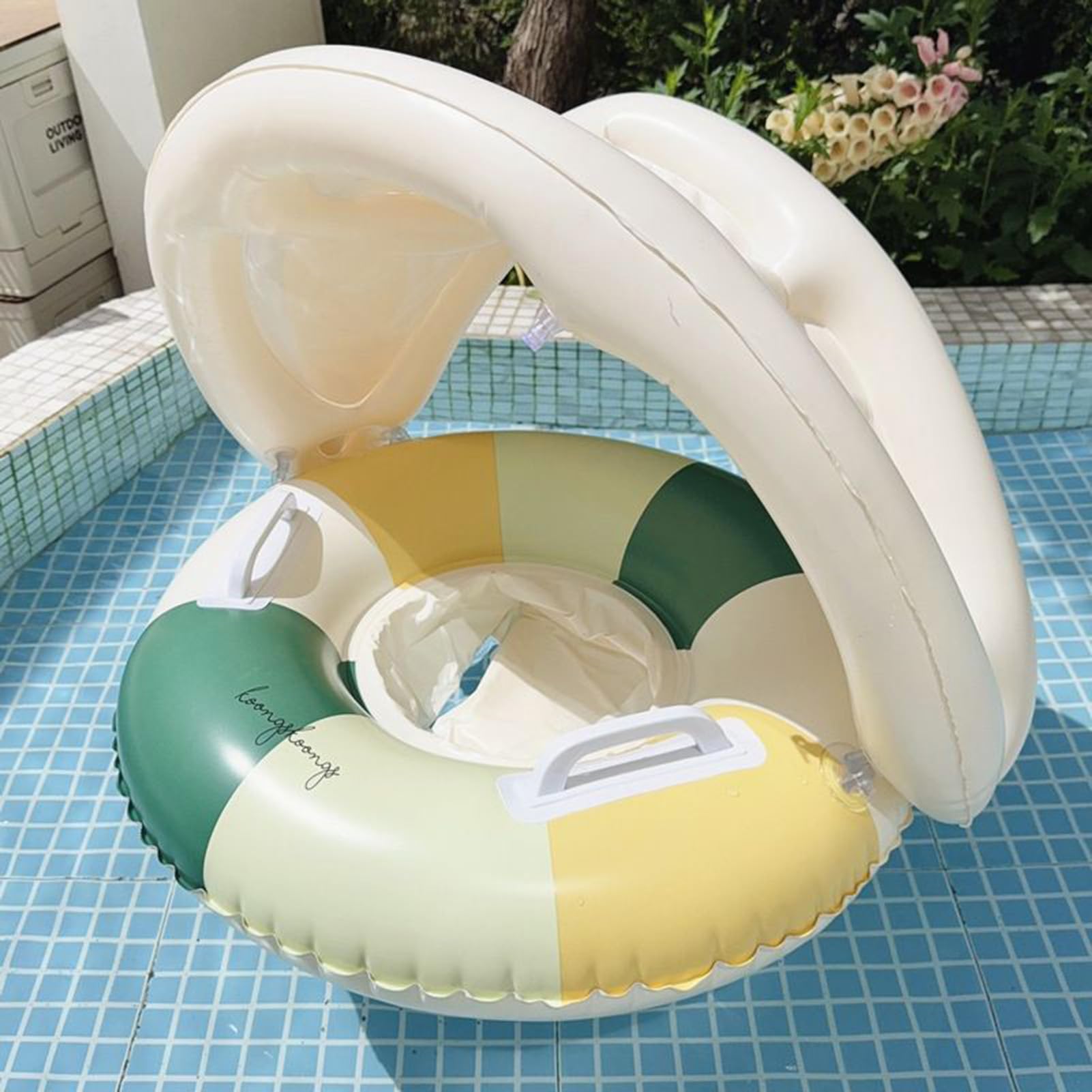 Pool Float with Canopy, PVC, Inflatable Sun Protection Swim Ring Foldable Floating Safety Seat for 6 9 12 18 24 36 Months Kids