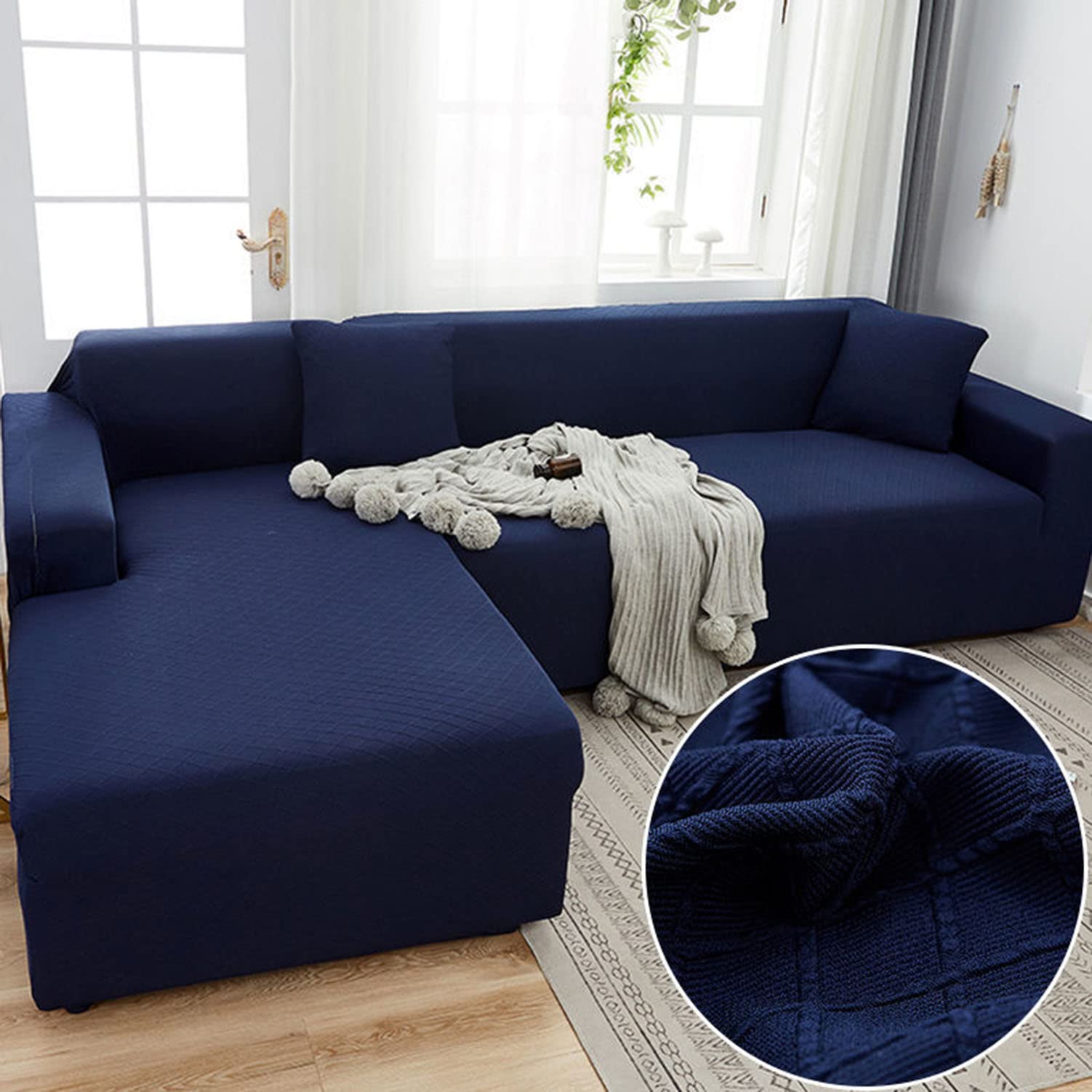 Housse de canapé d'angle en jacquard extensible bleu pour salon familial chaleureux