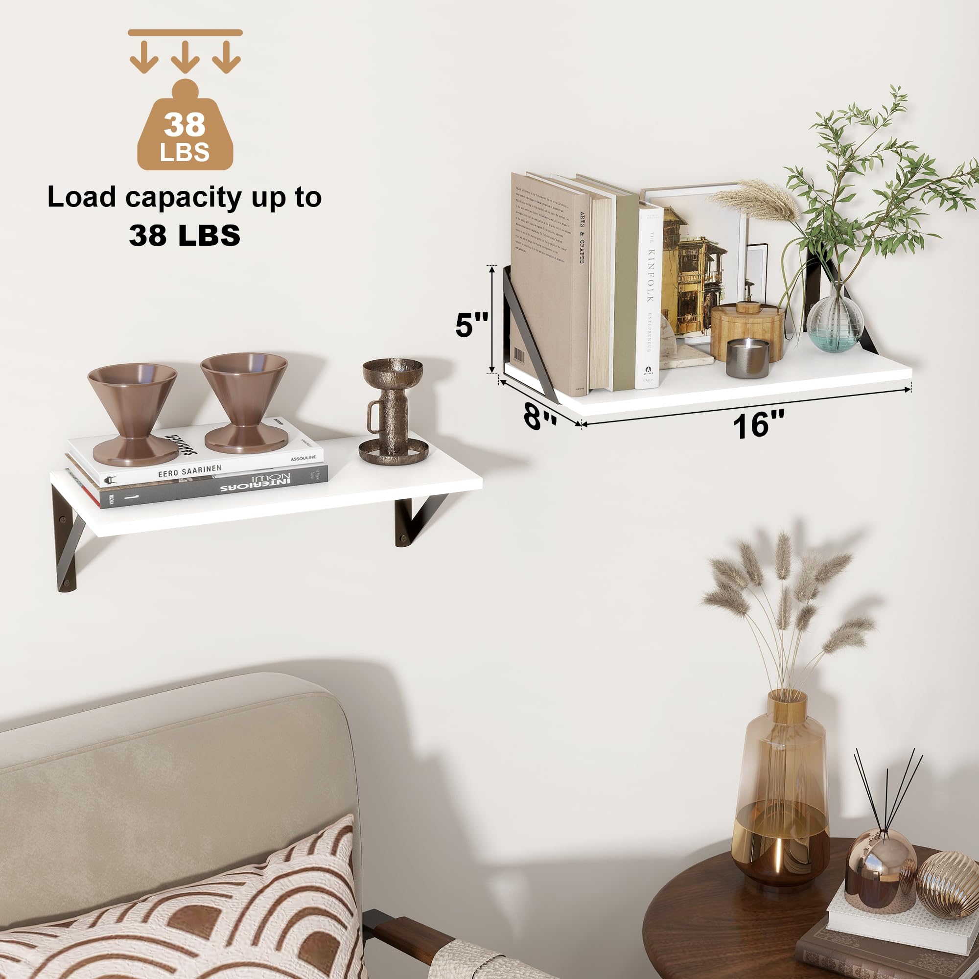 Feihorrm Floating Shelves Set of 2, 40 x 20 cm Deep Shelves for Wall White Wooden Book Shelf with Metal Brackets - Image 3