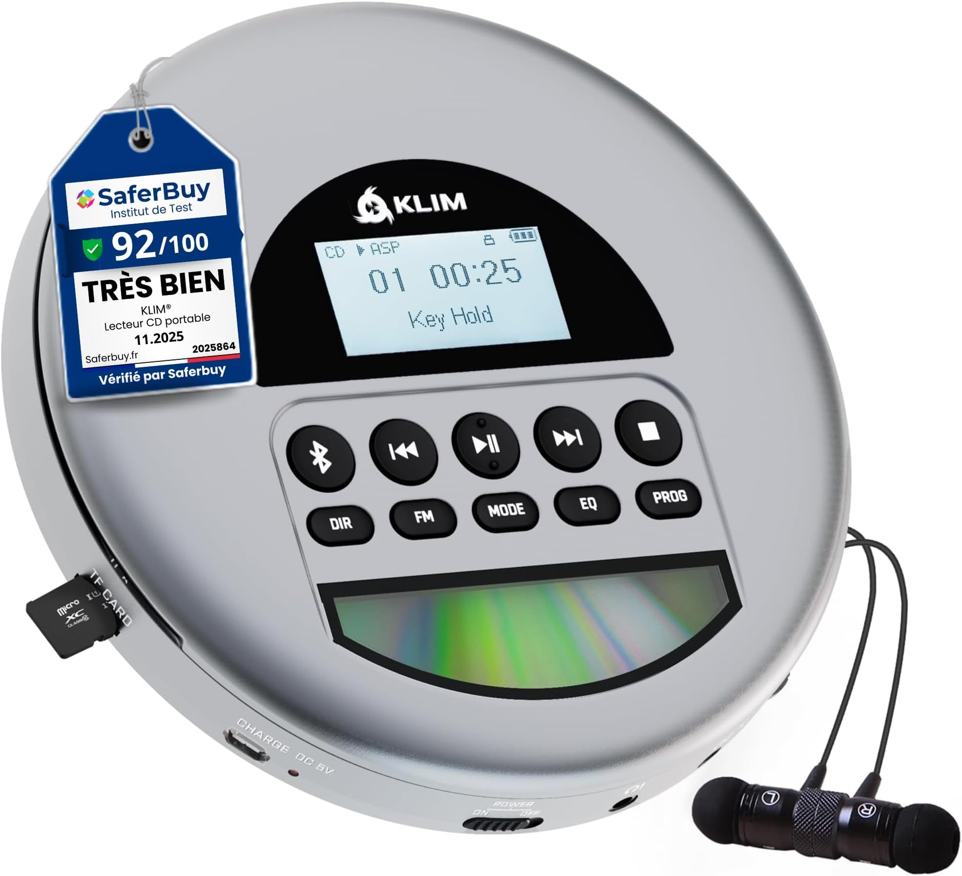 Nomad - New Version - Portable CD Player with Long-Lasting Battery - with Headphones - Radio FM - Compatible MP3 CD Player Portable - TF Card Radio FM Bluetooth - Ideal for Cars - Grey