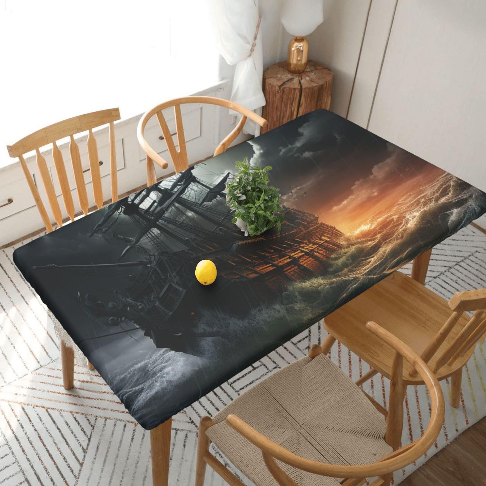 Xzeit Scary Ship at sea Rectangle Tablecloth Elastic Fitted Table Covers for 5 Ft Tables Stretch Table Cloths Outdoor Waterproof Table Cloth Cover for Picnic Camping Indoor Outdoor 30