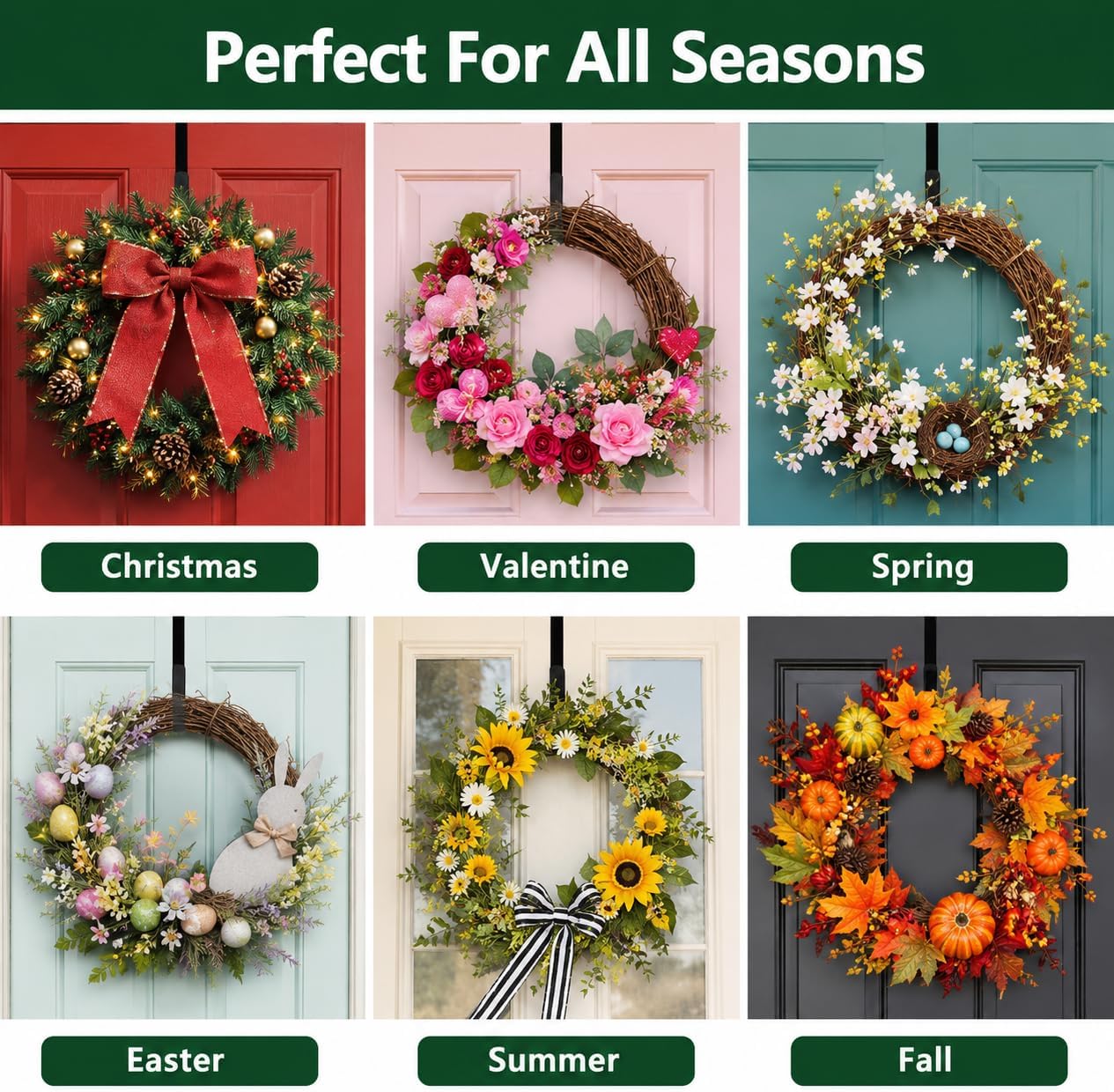 HappyFiller Wreath Hanger for Front Door, 15-25" Adjustable Heavy Duty Metal Hook Holds up to 20 lbs, Large Over the Door Wreath Holder for Christmas, Fall, Halloween Decorations & Home Decor (Black)
