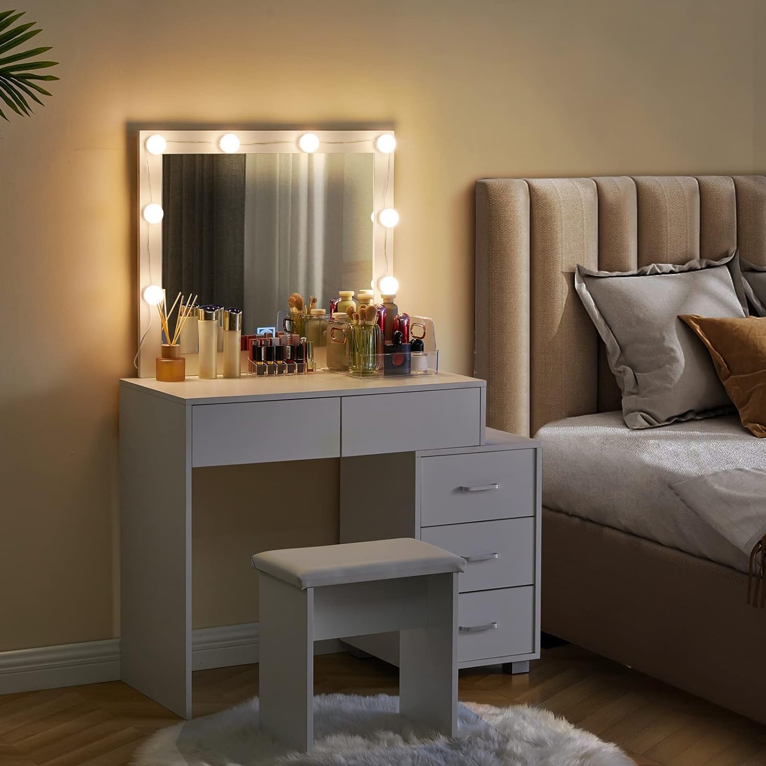 CLIPOP Schminktisch mit Spiegel und Beleuchtung,Verstellbare Helligkeit,Make-up Tisch mit 5 Schubladen und Dehnbarem Nachttisch,Modernes Frisiertisch Kosmetiktisch Hocker Set Schlafzimmermöbel