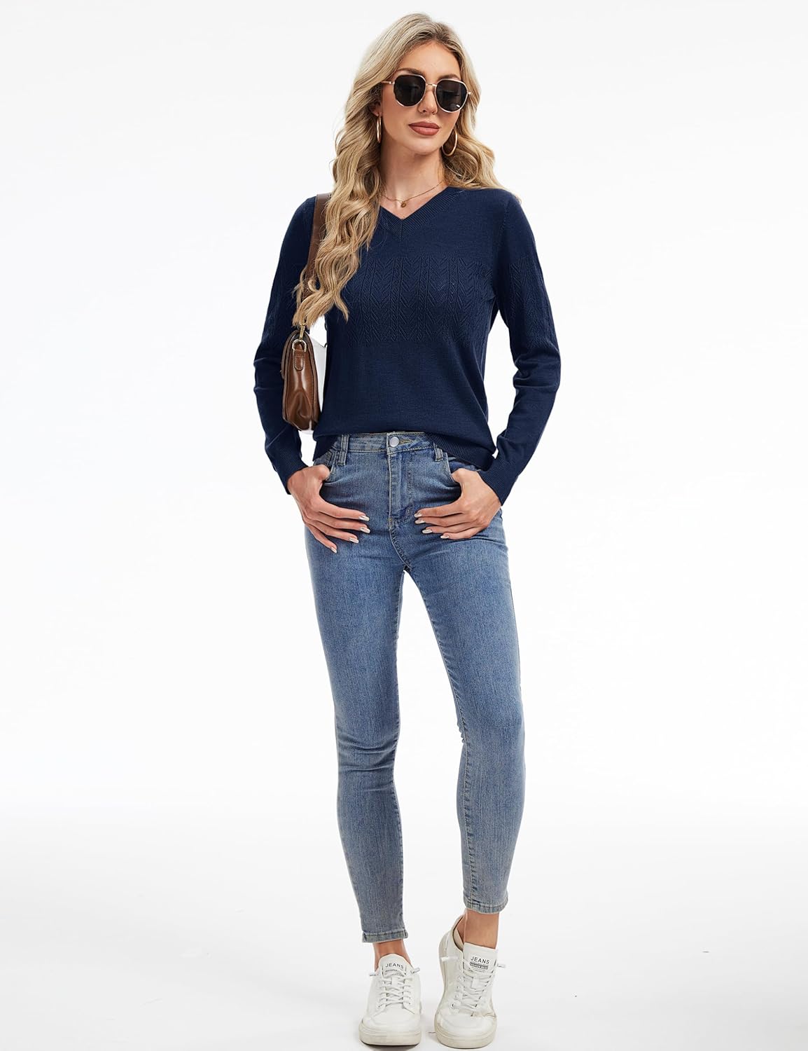 YUCOLEN Women's Wool Hollow Out Sweaters Long Sleeve Crochet Pullover V Neck Sweater Lightweight Knit Tops - Image 7