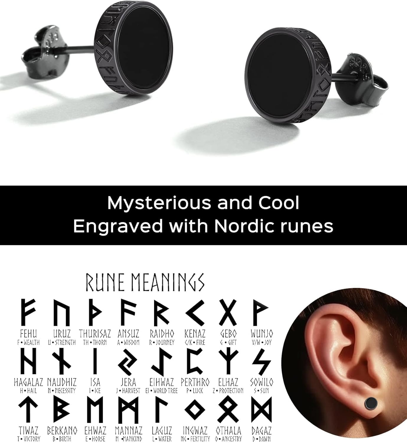 ChicSilver 925 Sterling Silver Viking Rune Natural Black Onyx Stud Earrings For Women Men - Image 7