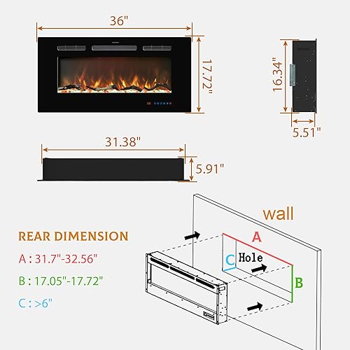Miniatura 6 de Insertos de chimenea eléctrica de 36 pulgadas, calentador de chimenea empotrado y montado en la pared, chimenea lineal con termostato, control