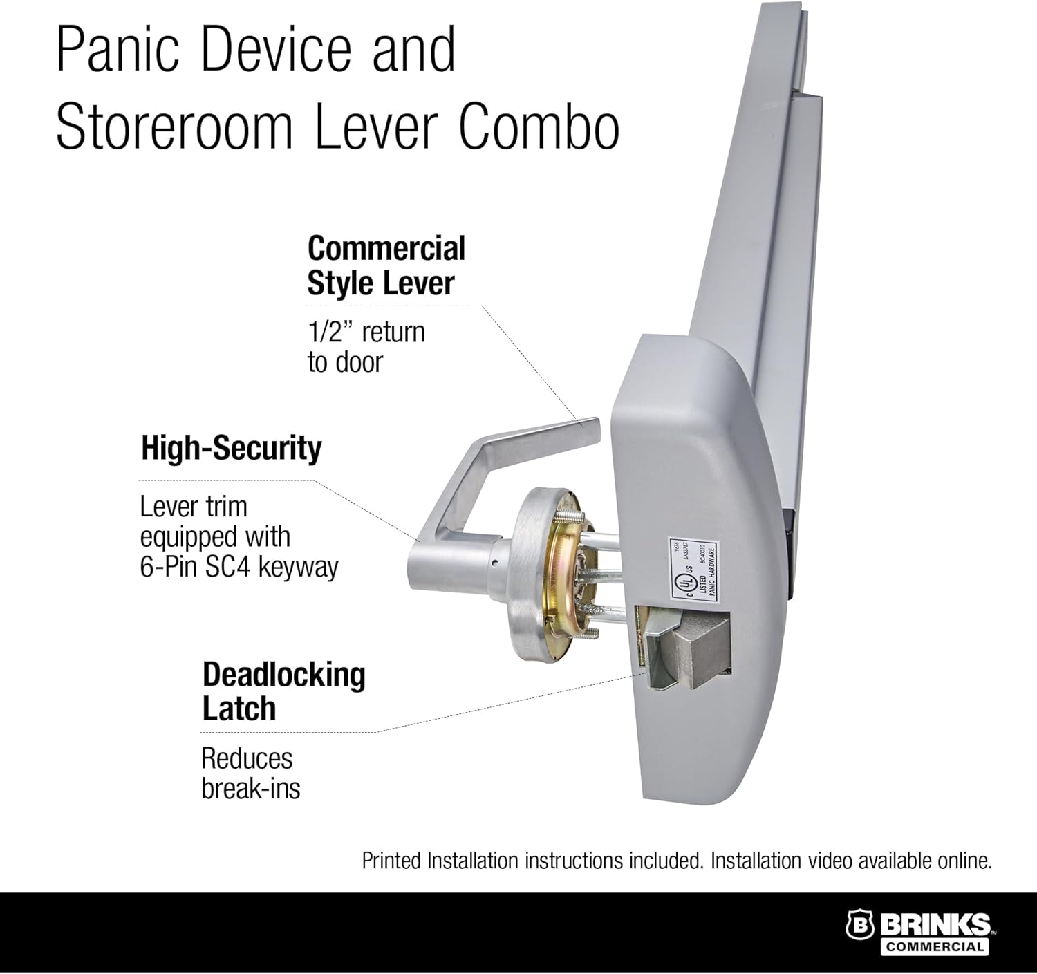 Brinks Commercial Rim Panic Exit Device with Storeroom Lever Trim, Aluminum - UL Listed Emergency Exit Hardware for Businesses