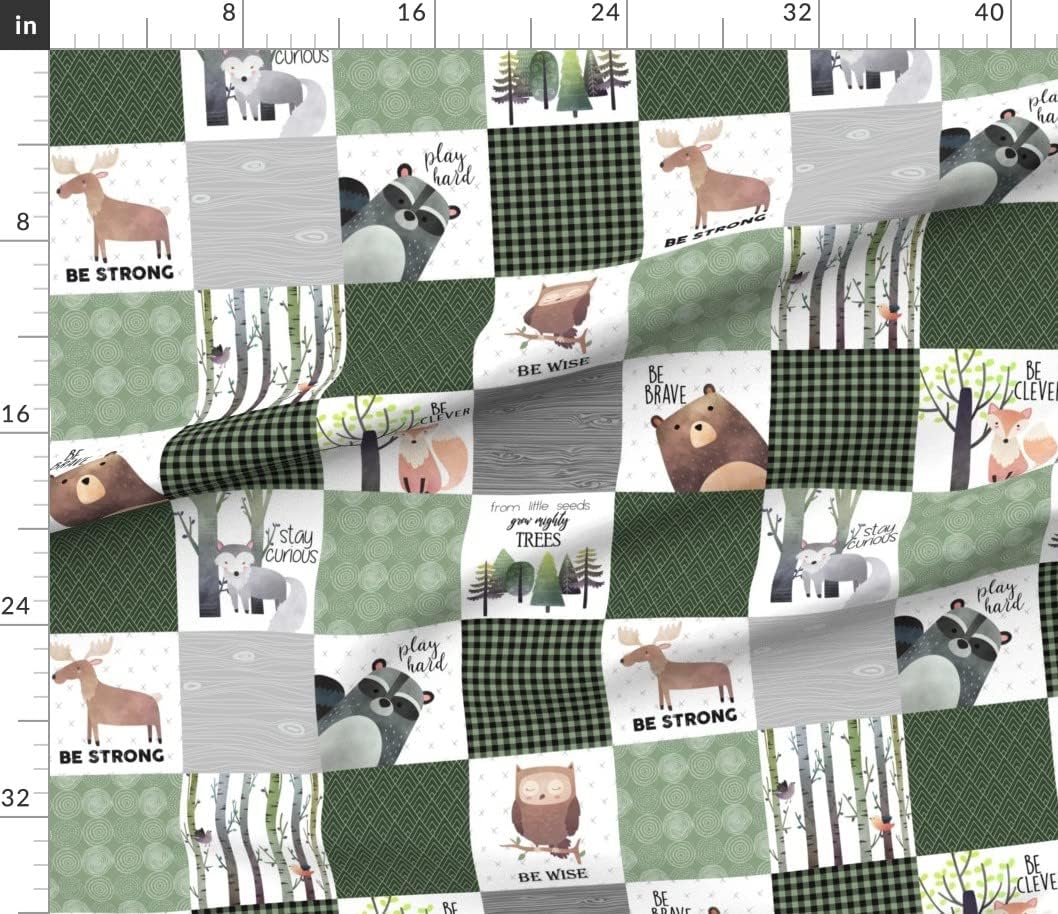 Spoonflower Fabric - Woodland Animals Forest Cheater Quilt Bear Fox Moose Wholecloth Green Printed on Cotton Poplin Fabric by The Yard - Sewing Shirting Quilting Dresses Apparel Crafts