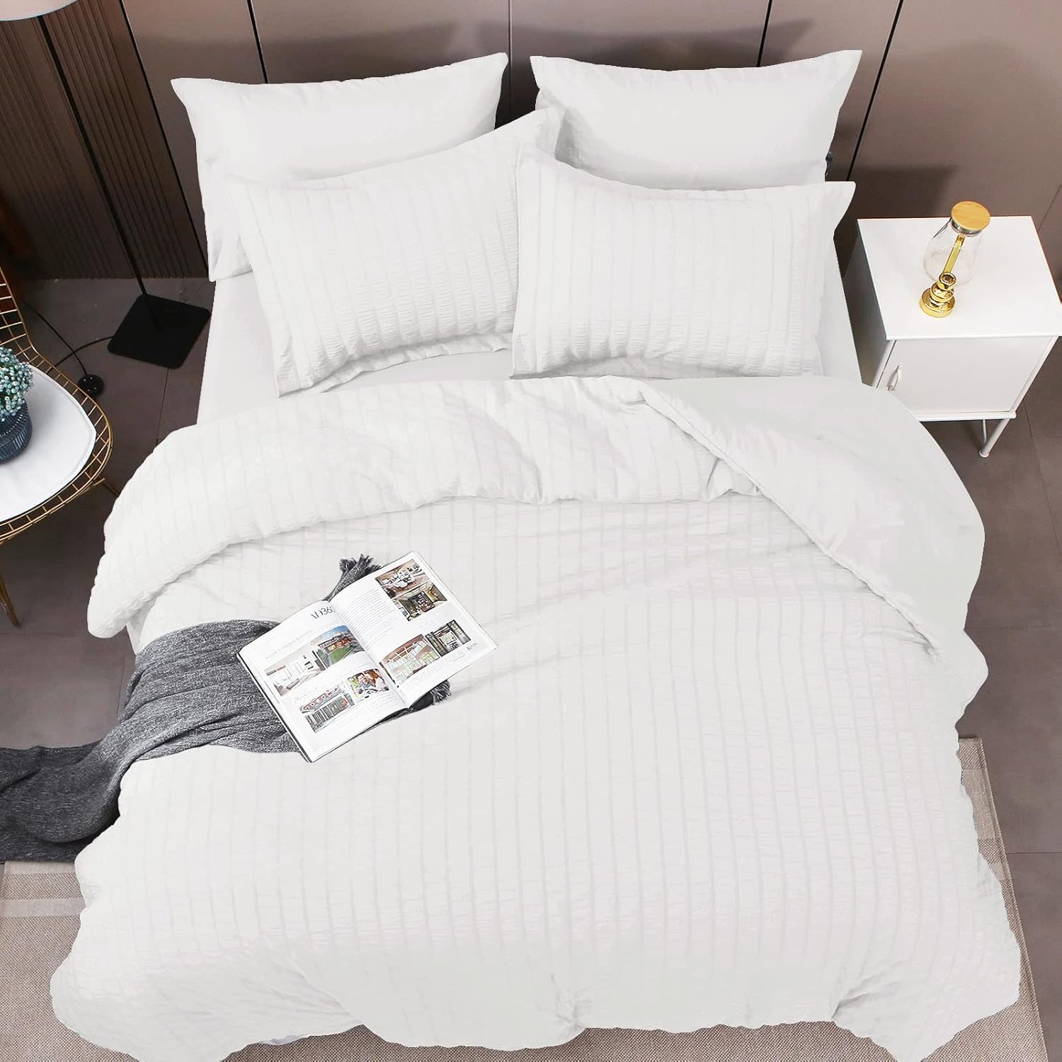HYMOKEGE Duvet Cover King 3 Pieces, White Seersucker Duvet Cover Set