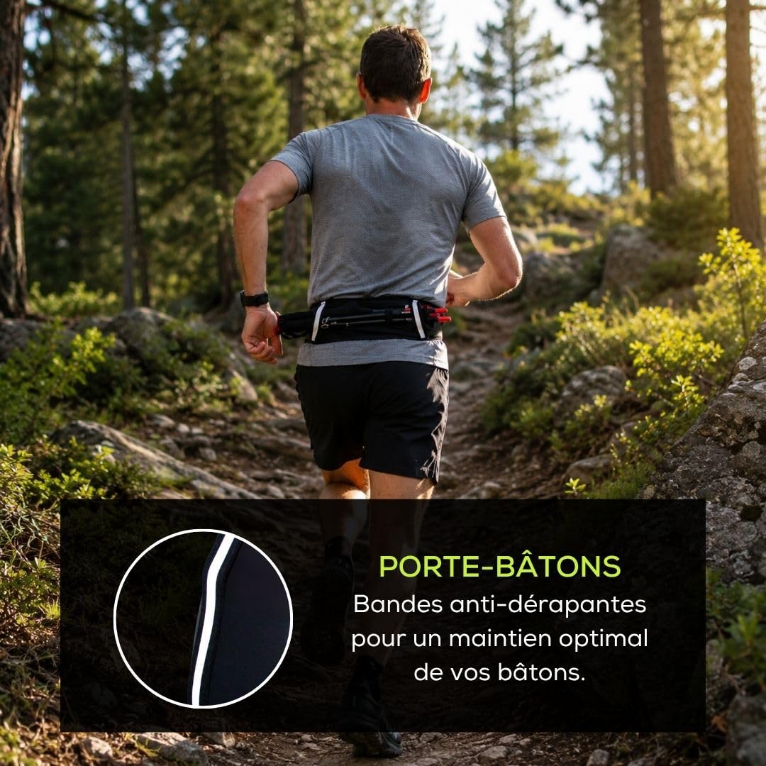 Ceinture Running Femme et Homme Unisexe, Ceinture Course à Pied et Trail avec Porte-Bâtons et Porte-Dossard, Poche Zippée Sécurisée pour Smartphone (M-L)