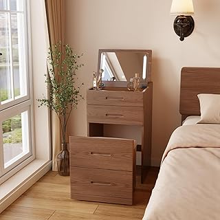 Solid Wood 3 in 1 Vanity Desk with Flip Top Mirror, No Assembly, Compact Vanity with Hidden Chair, Small Makeup Vanity Set with Power Outlet, Dressing Table for Bedroom, Walnut