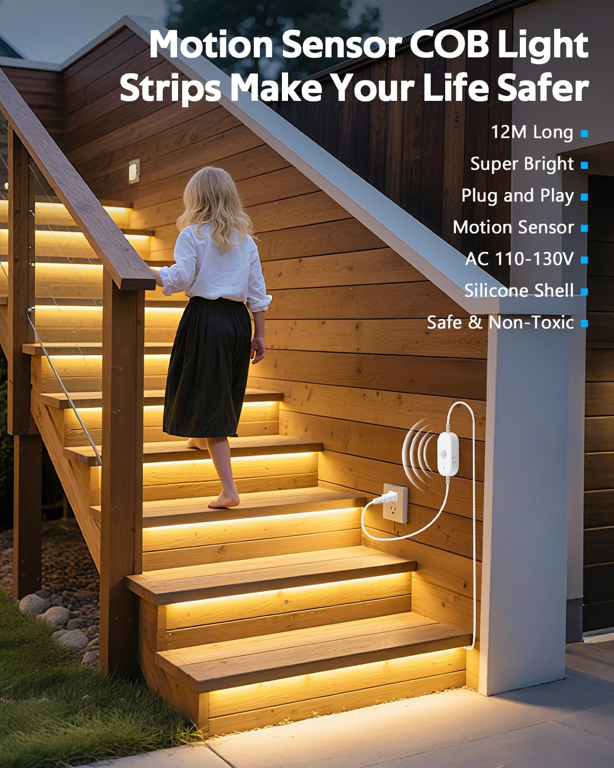 AC 110V Motion Sensor COB LED Strip Light Outdoor Waterproof 40FT/12M Plug In Warm White 3000K High Density 288LED/M Adjustable Time-Delay Flexible Motion Activated Led Light Strip for Cabinet Stairs