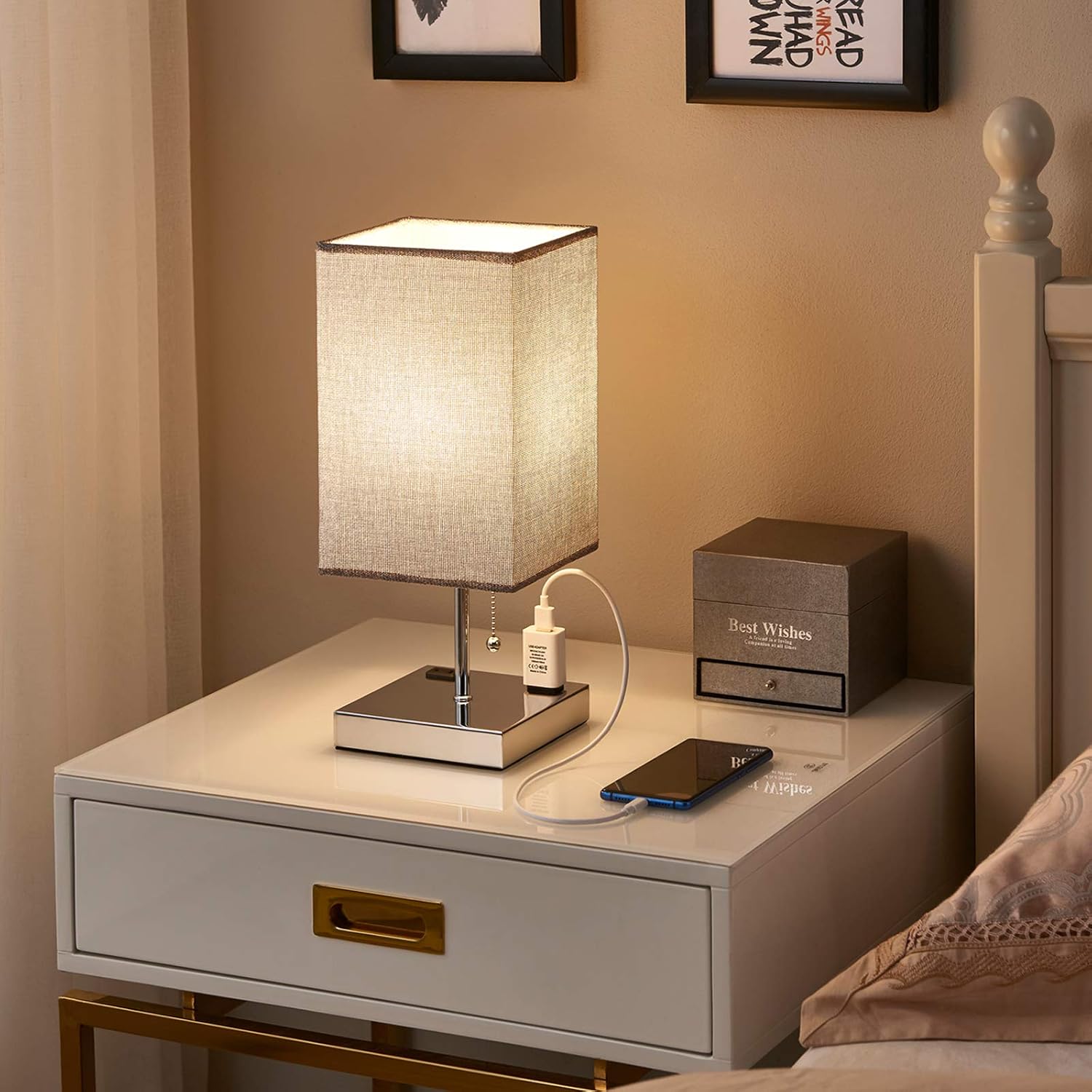 Small Table Lamp for Bedroom, Bedside Lamp with 2-Prong AC Outlets, Minimalist Square Nightstand Lamp with Gray Fabric Lampshade, Grey Bedroom lamp Desk Light for Living Room Home Reading and Office