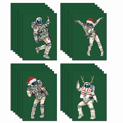 24 Dancing Astronaut Holiday Cards in 4 Colorful Christmas Hat Illustrations + Envelopes