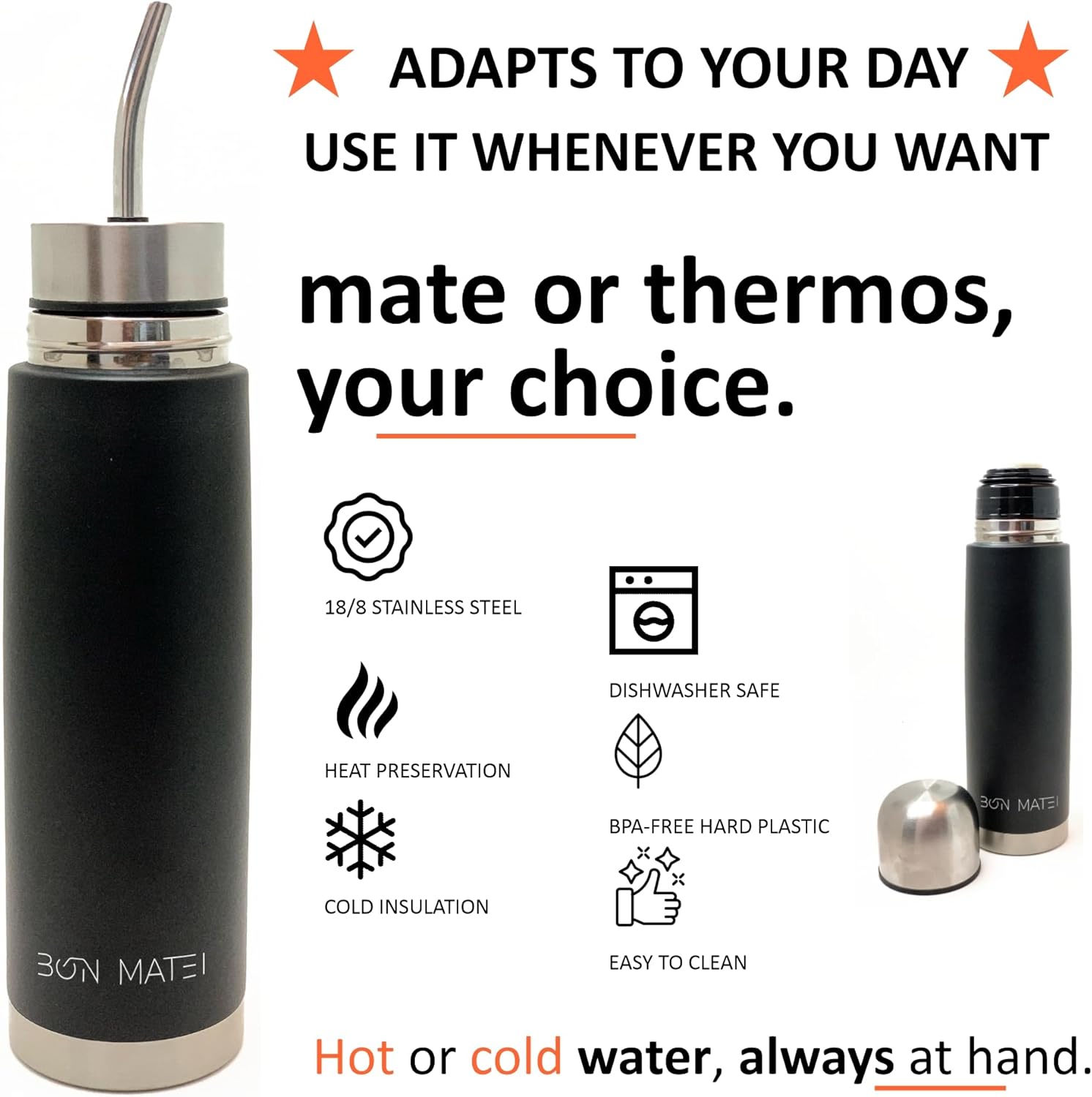 BONMATEI NEW Premium Automate – Self-Serving Stainless Steel Mate Bottle 16.9 fl oz | 2-in-1 Thermal Mate Cup with Built-in Bombilla | Keeps Drinks Hot or Cold | Ready to use (Black w/a)