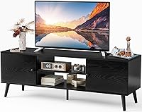 Sweetcrispy Mid-Century Modern TV Stand for 55-60 Inch TVs - Entertainment Center with 2 Cabinets, Adjustable Shelf, Cable Management, Pure Black Wood
