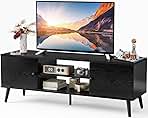 Sweetcrispy TV Stand for 55 60 inch TV, Modern Mid Century Entertainment Center with Storage, Media Console Table 2 Cabinet, Soft Hinge, Handle Door, Wooden Living Room, Office Furniture, Pure Black