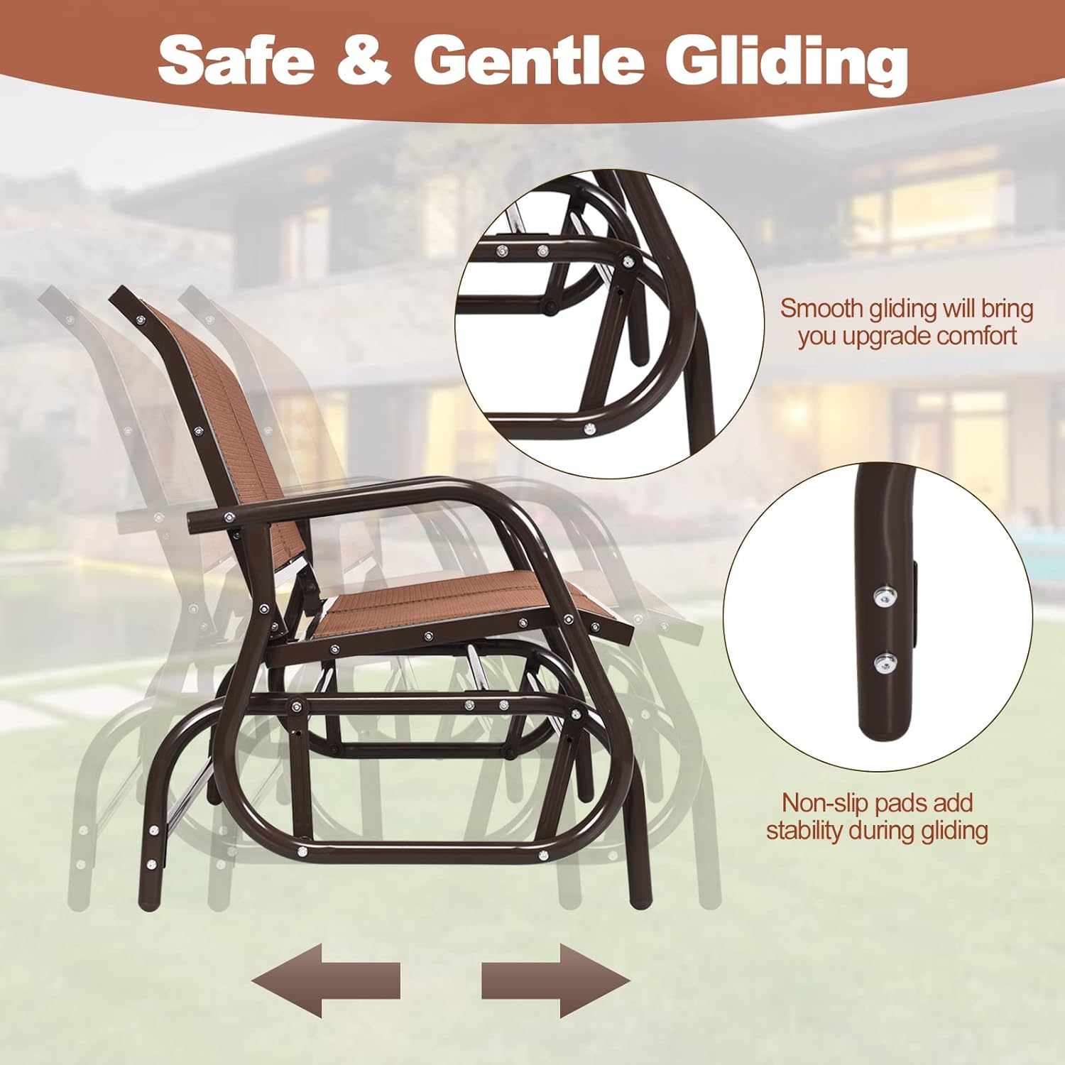 Tangkula 2 Person Patio Glider, Outdoor Swing Bench, Glider Loveseat Chair with Heavy-Duty Steel Frame, Breathable Seat Fabric, Rocking Chair for Poolside, Garden, Backyard, Porch