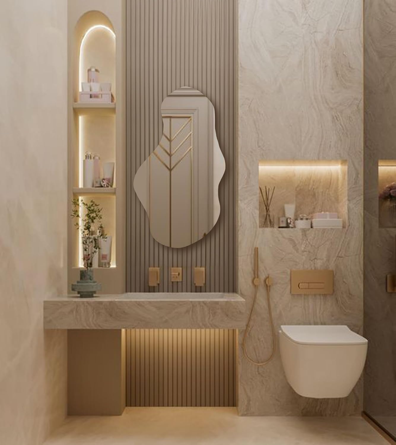 Irregular Led Lighted Mirror for Bathroom, Asymmetrical Vanity Mirror with Lights, Washbasin Backlit Led Illuminated Wall Mirror (Warm Ligth, 59x104 cm | 23.2"x40.9")