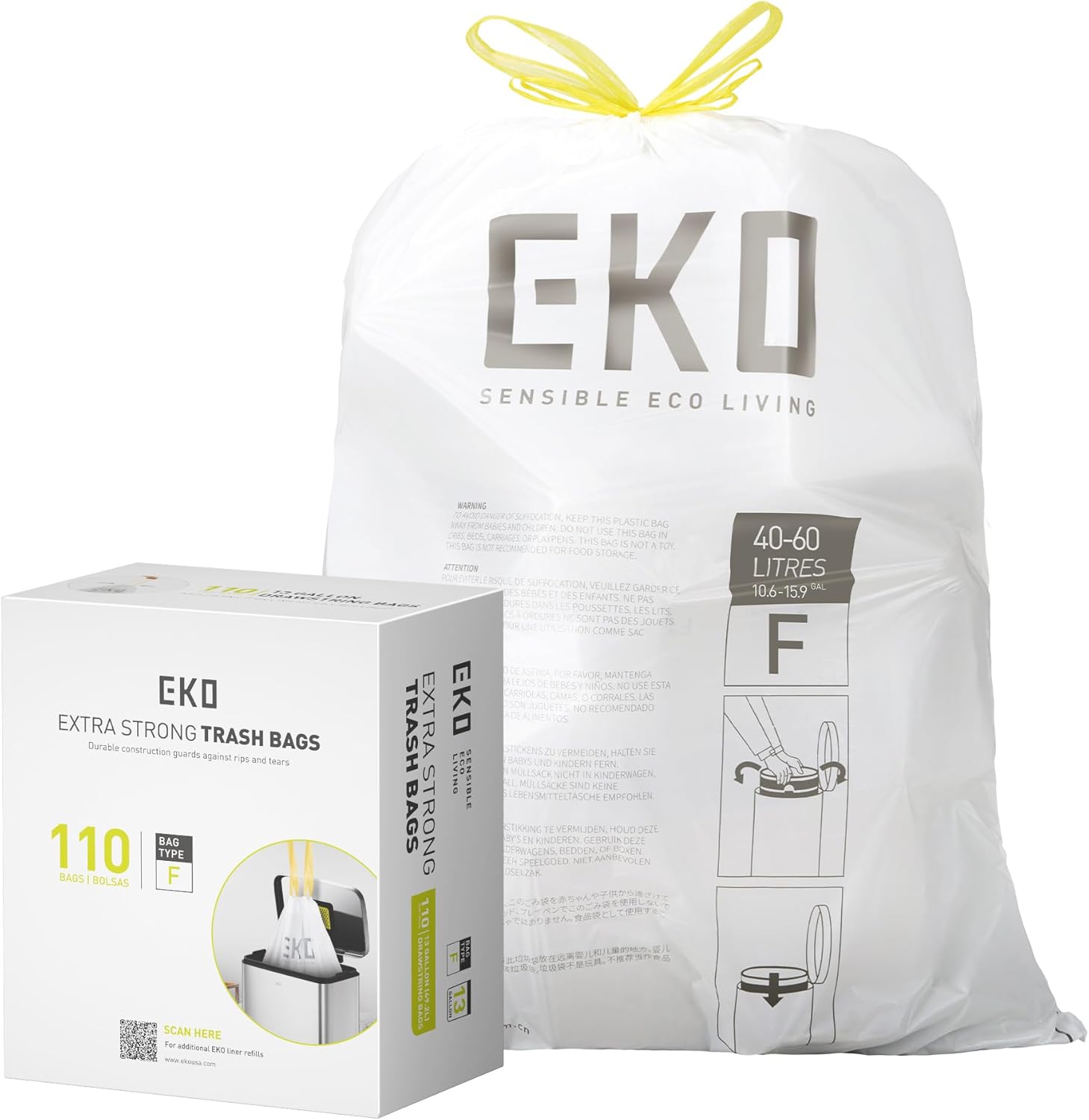 EKO 13 Gallon / 40-60 Liter,110 Count Drawstring Trash Bags, Extra-Strong Unscented Garbage Bags, Easy-Dispense Roll for Kitchen & Household Use, Resists Tears, Leaks and Punctures, Code F, White 110 Count (Pack of 1) 13 Gallon Bags/Code F