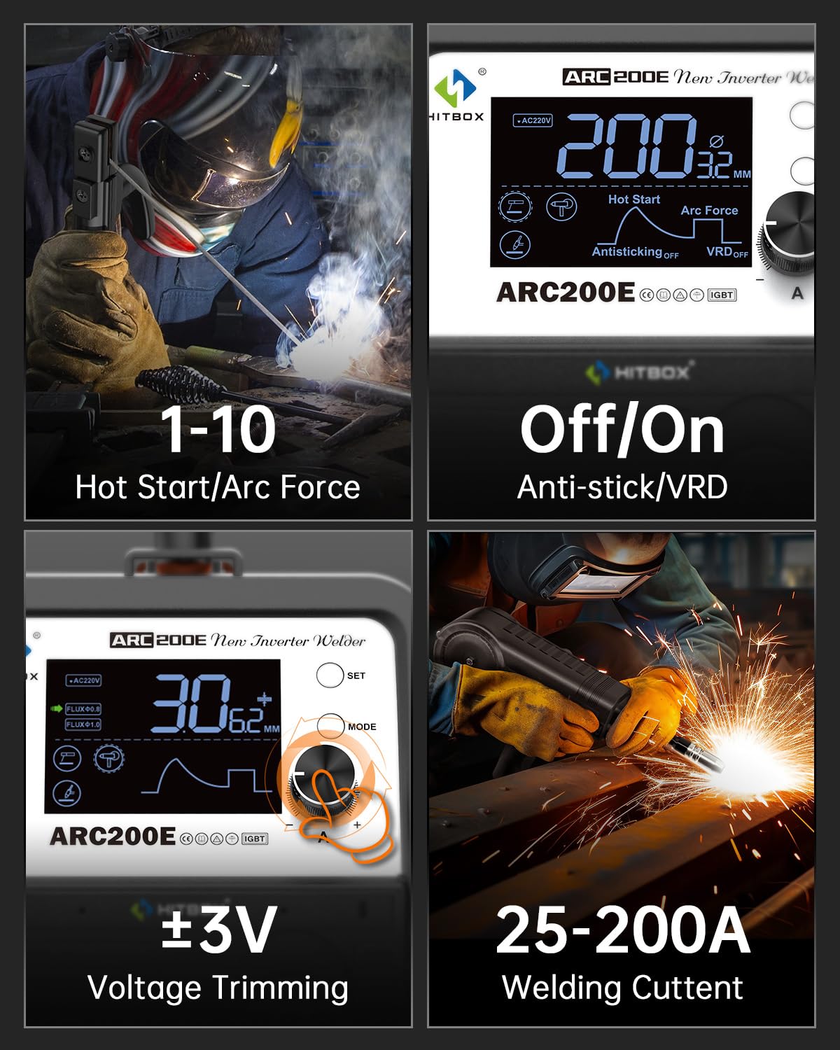 HITBOX ARC200E Soldador Inverter 200A, maquina de soldar electrodo IGBT DC MMA/Lift TIG, MIG con hilo tubular compatible, control sinérgico, Hot Start, Anti-Stick, 230V con pantalla TFT-LCD