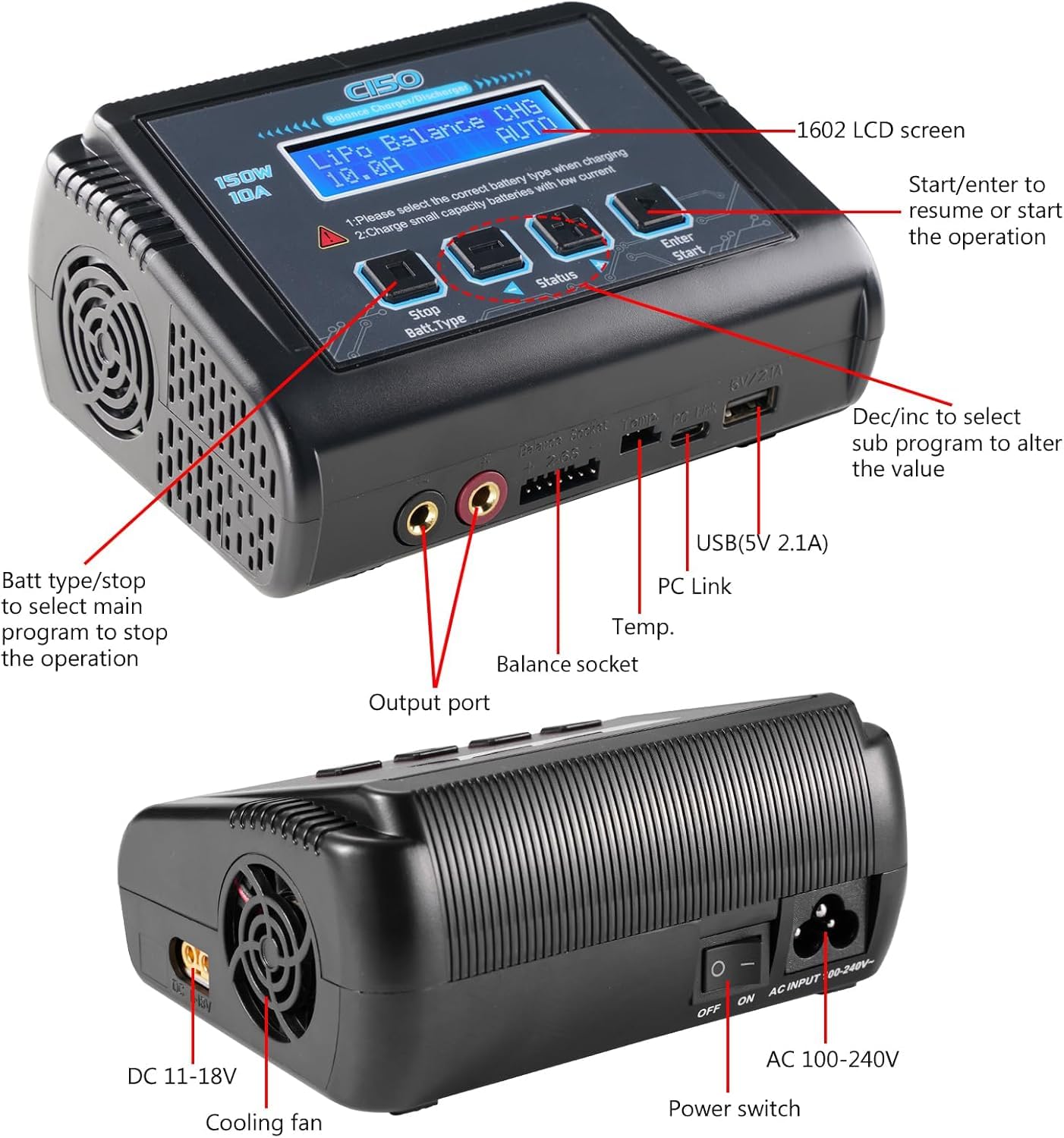 Lipo Battery Charger, 150W 10A Balance Fast Charger for 1S-6S LiPo/Li-ion/Life & 1-15S NiMH/NiCd RC Hobby Batteries