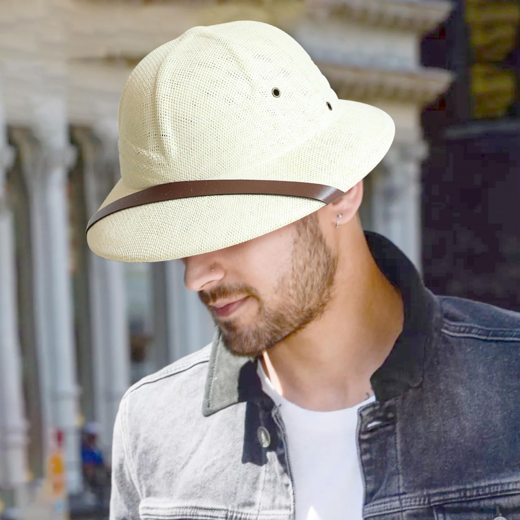 Casco da pith, cappello di paglia da uomo a tesa larga con decorazione con cintura, cappello da sole in tessuto traspirante con sottogola regolabile, per minatore all'aperto per costume da