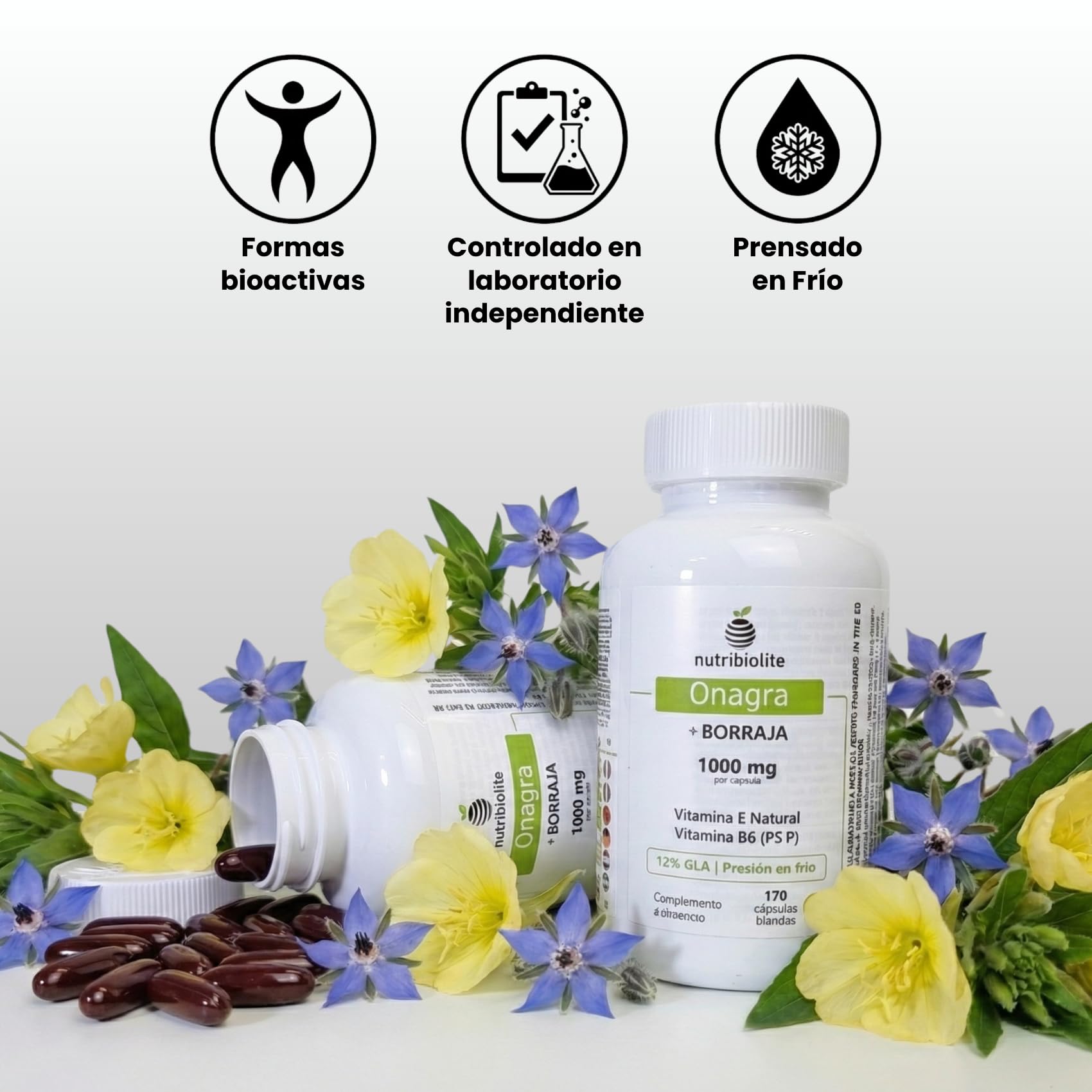 Aceite de Onagra y Borraja perlas 1000 mg - 12% GLA, Vitamina E Natural y B6 coenzimada (P5P) - Equilibrio Hormonal, SPM, Menopausia y Salud de la Piel - 170 Perlas - Prensado en Frío | Nutribiolite