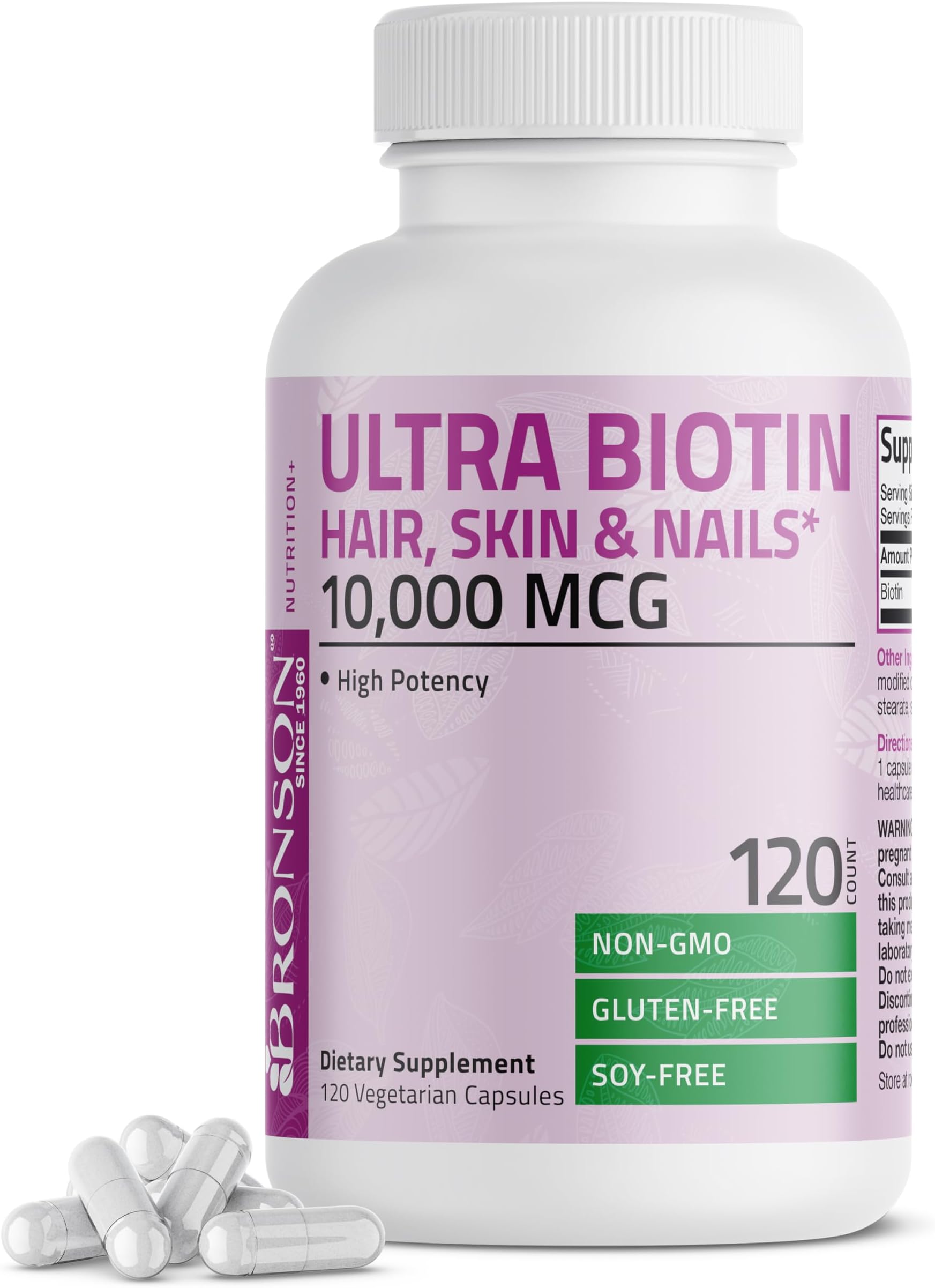 Ultra Biotin 10,000 mcg Hair Skin and Nails Supplement, Non-GMO, 120 Vegetarian Capsules