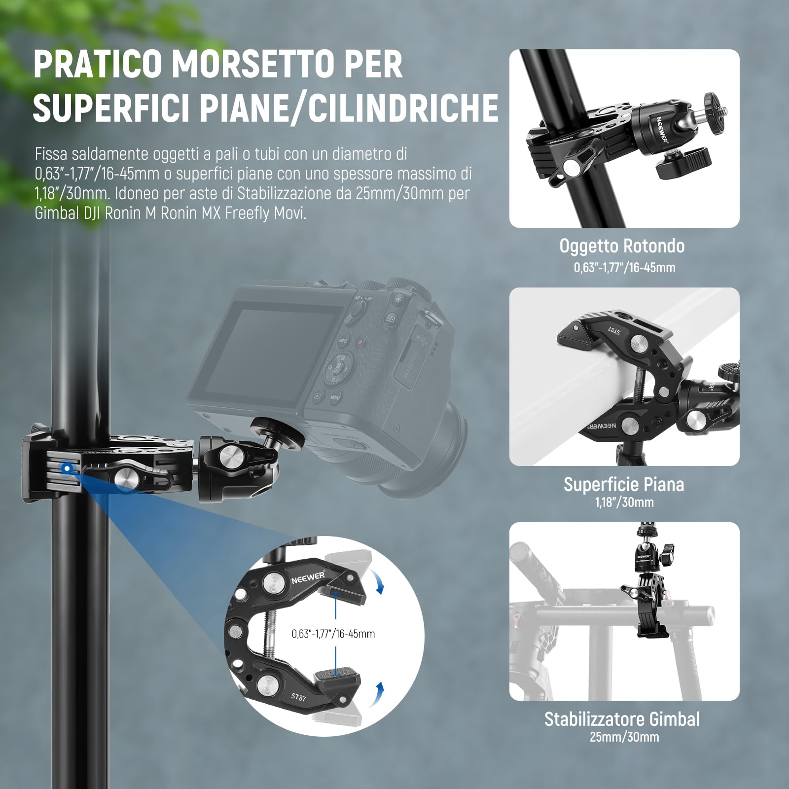 NEEWER Super Clamp con Testa a Sfera, Cold Shoe, Supporto per Telefono e Adattatore per Action Camera per Superfici Piane/Rotonde Compatibile con GoPro DJI iPhone 15 Pro Max, ST87