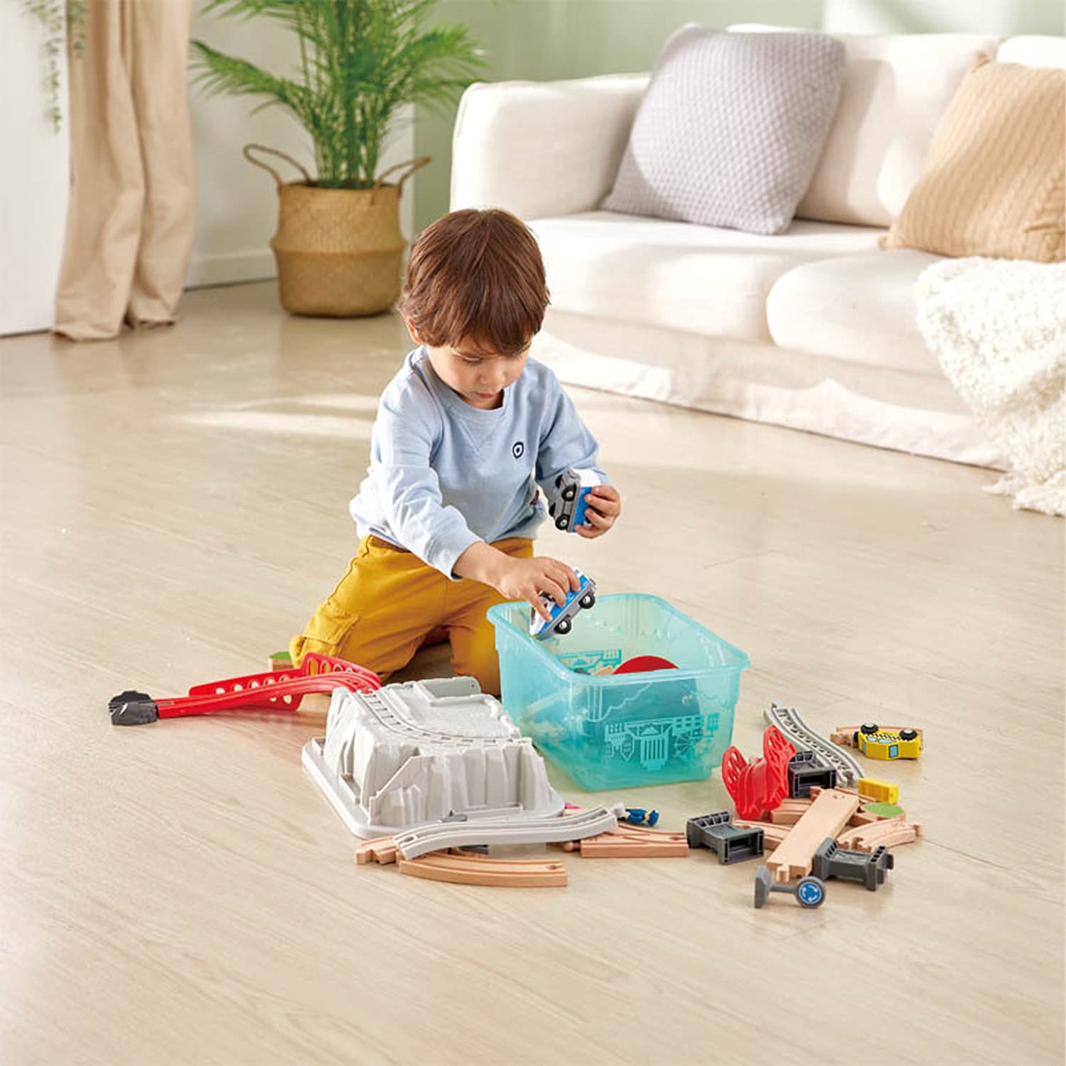 Hape City Railway and Train Bucket Set Toy with Hoisting Magnetic Crane for Trains, Trucks, and Cargo for Kids Ages 3 and Up, Multicolor