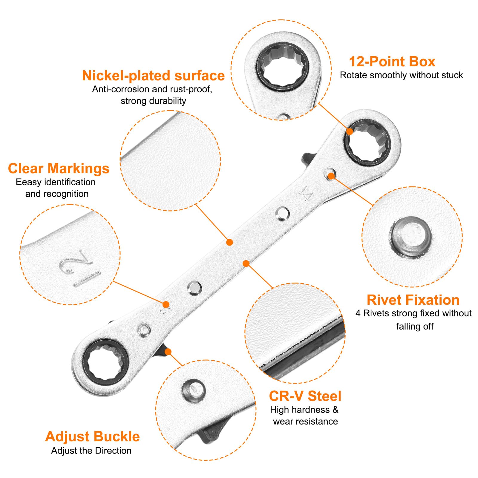Chiave a cricchetto Reversibile a Doppia estremità 12 mm x 14 mm in Acciaio CR-V, Rotazione a 180 Gradi, metrica, Doppia Testa, 12 Punte, 24 Denti, Regolabile, Grigia