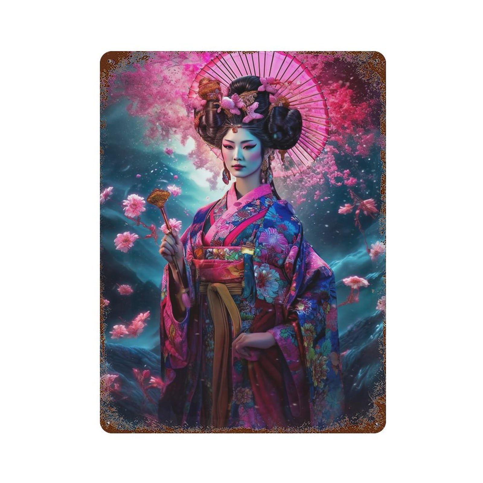 Distressed Metal Wall Sign Beauty of Geisha 15.7"x11.8", Vintage Wall Decor for Garage, Bar And Workshop Decor