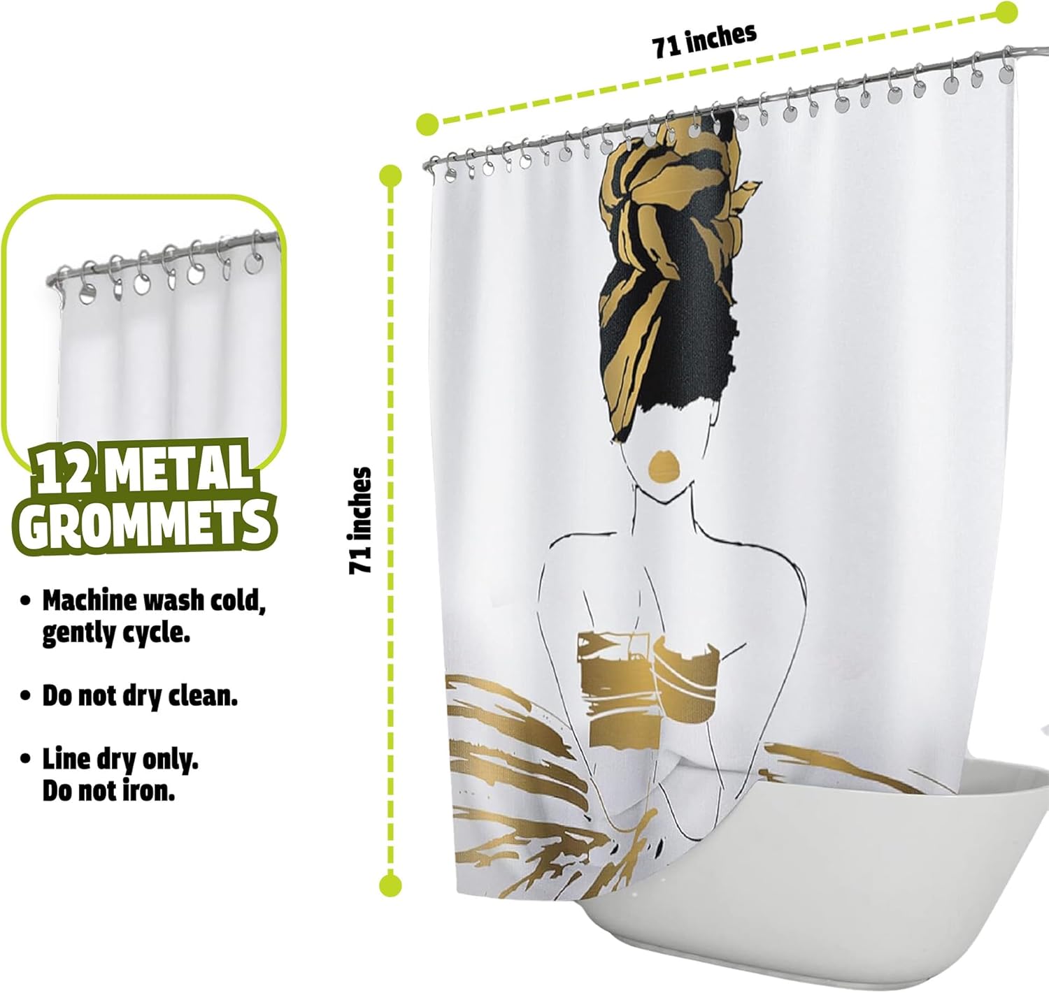 Pardon My Fro Royal Shower Curtain - 100% Polyester Fabric with Chic Print, Waterproof, Elegant Décor, One-Side Print, Stylish Bathroom Curtain for Bathtub, Hooks are not Included, White, 71" x 71"