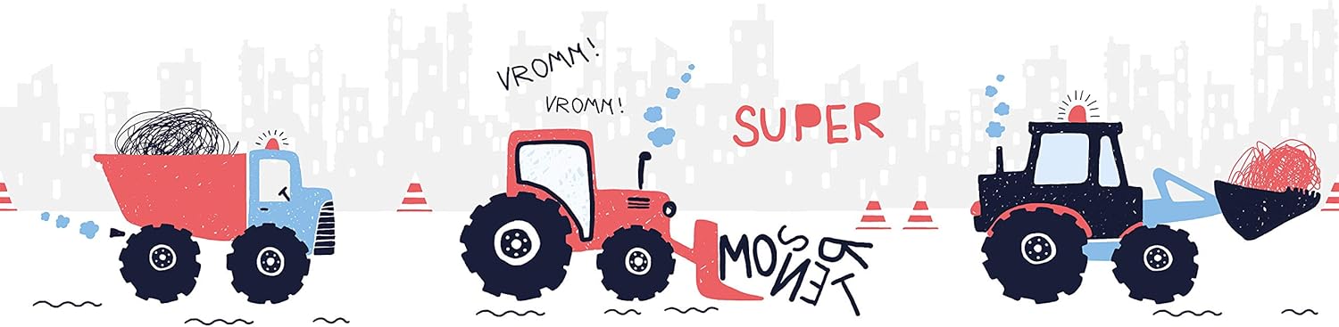 A.S. Création Lovely Kids Wallpaper Borders Self-Adhesive Super Tractor Wallpaper Borders for Kids 5.00 m x 0.155 m Red Blue Black Made in Germany 403736 403736
