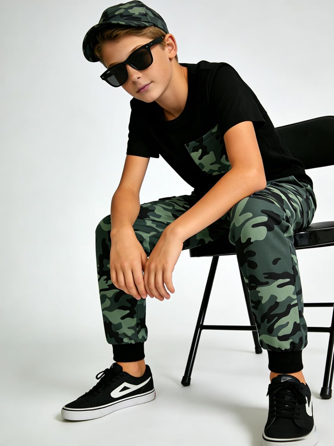Boys Camo Clothes Set 2 Piece Short Sleeve T-Shirt and Cargo Pants Outfit Size 7-14
