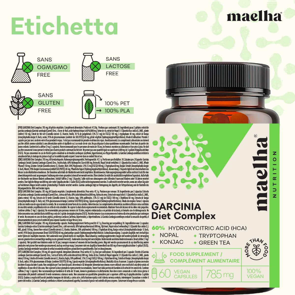 Garcinia Cambogia Extra Forte | Konjac alta titolazione di Glucomannano | Caffe Verde | Te Verde | Nopal | 60 capsule | 60% HCA | 100% Naturale e Vegano