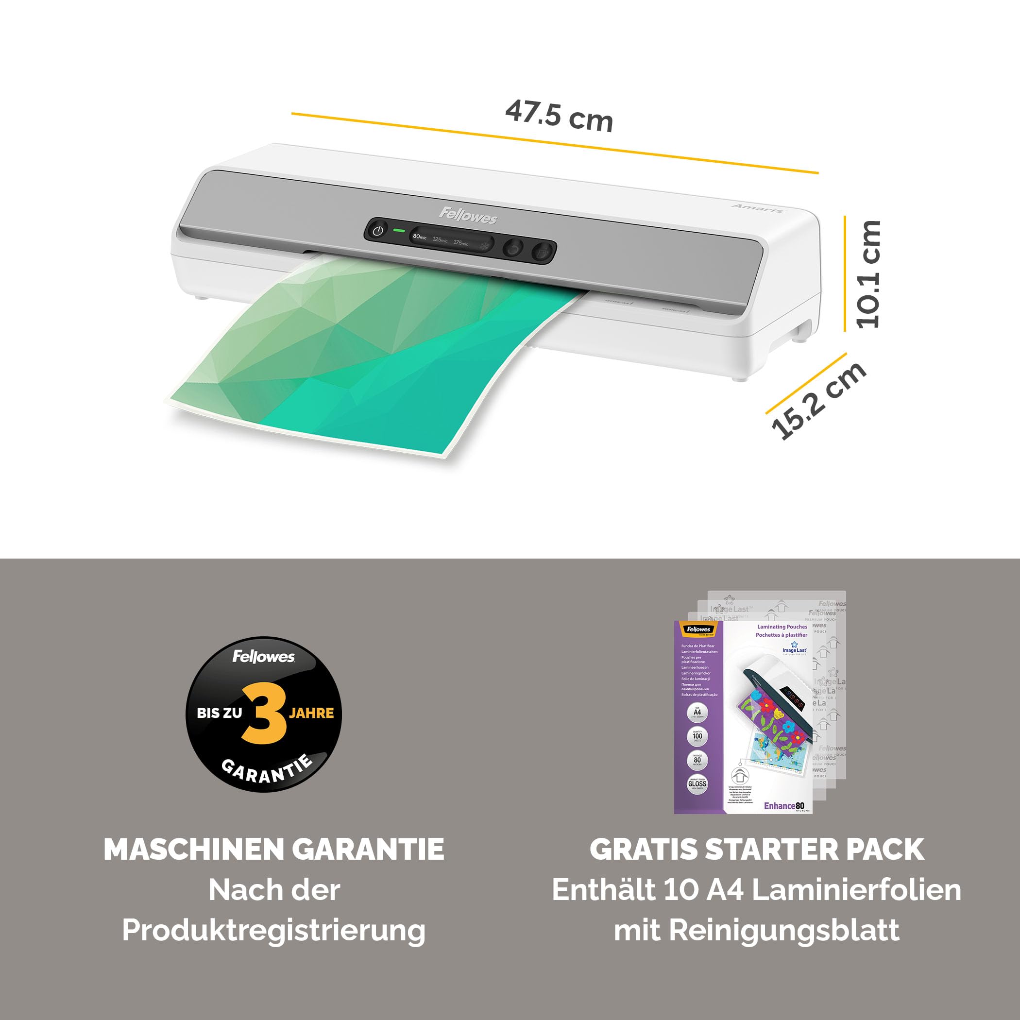 Fellowes Laminiergerät Amaris A3 - für Büro/Schule/Zuhause - nur 1 Minute Aufwärmzeit - für Heißlaminierfolien von 80-175mic - mit Rücklauf-Funktion - inkl. Starterset für 10 Laminationen