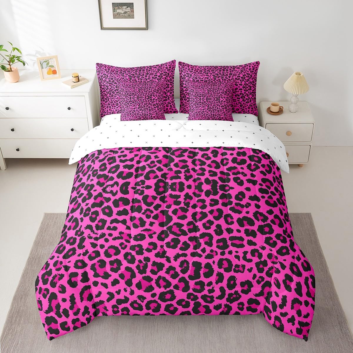 Manfei Pink Leopard Print Twin Size Bed Sets in a Bag 7 Pieces,Wild Animal Skin All Season Comforter Set,Cheetah Skin Bedding Set with 1 Comforter,2 Sheets,2 Pillowcases & 2 Throw Pillow Covers