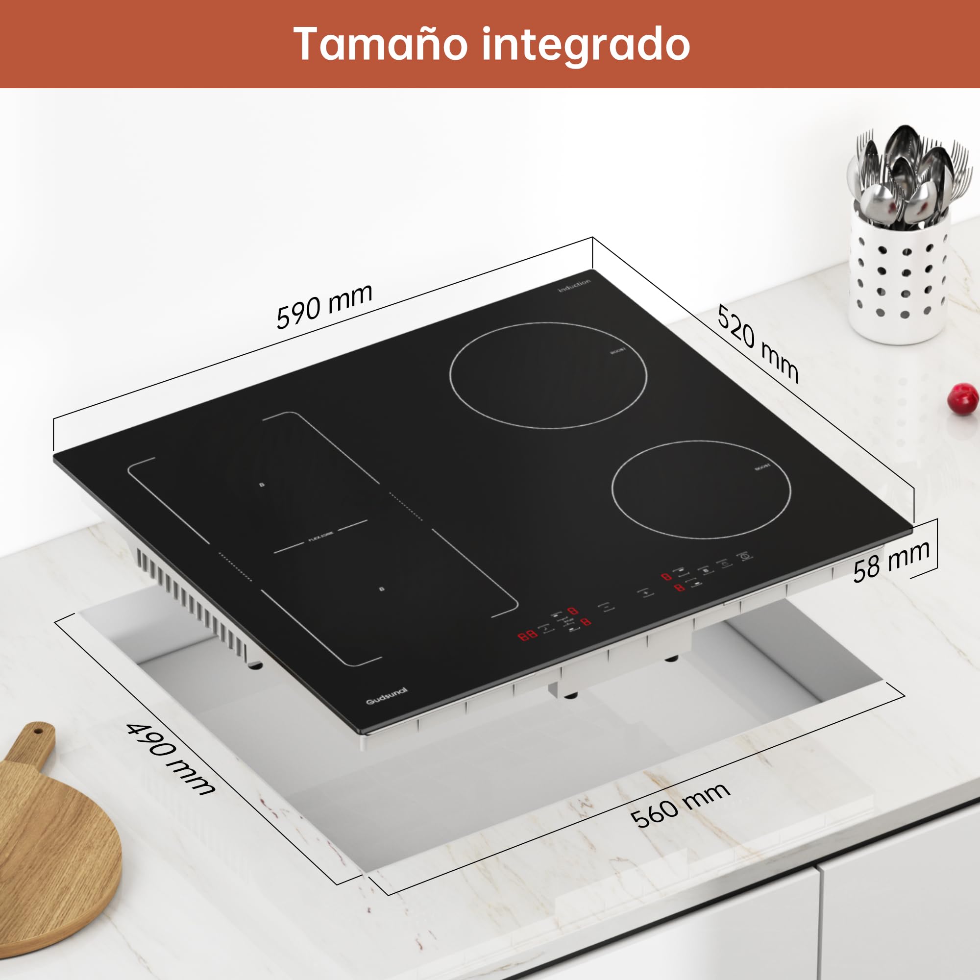 Placa de inducción con zonas flexibles, 60 cm, 7200 W, calentamiento continuo de baja potencia, 9 niveles de calor, temporizador, apagado automático
