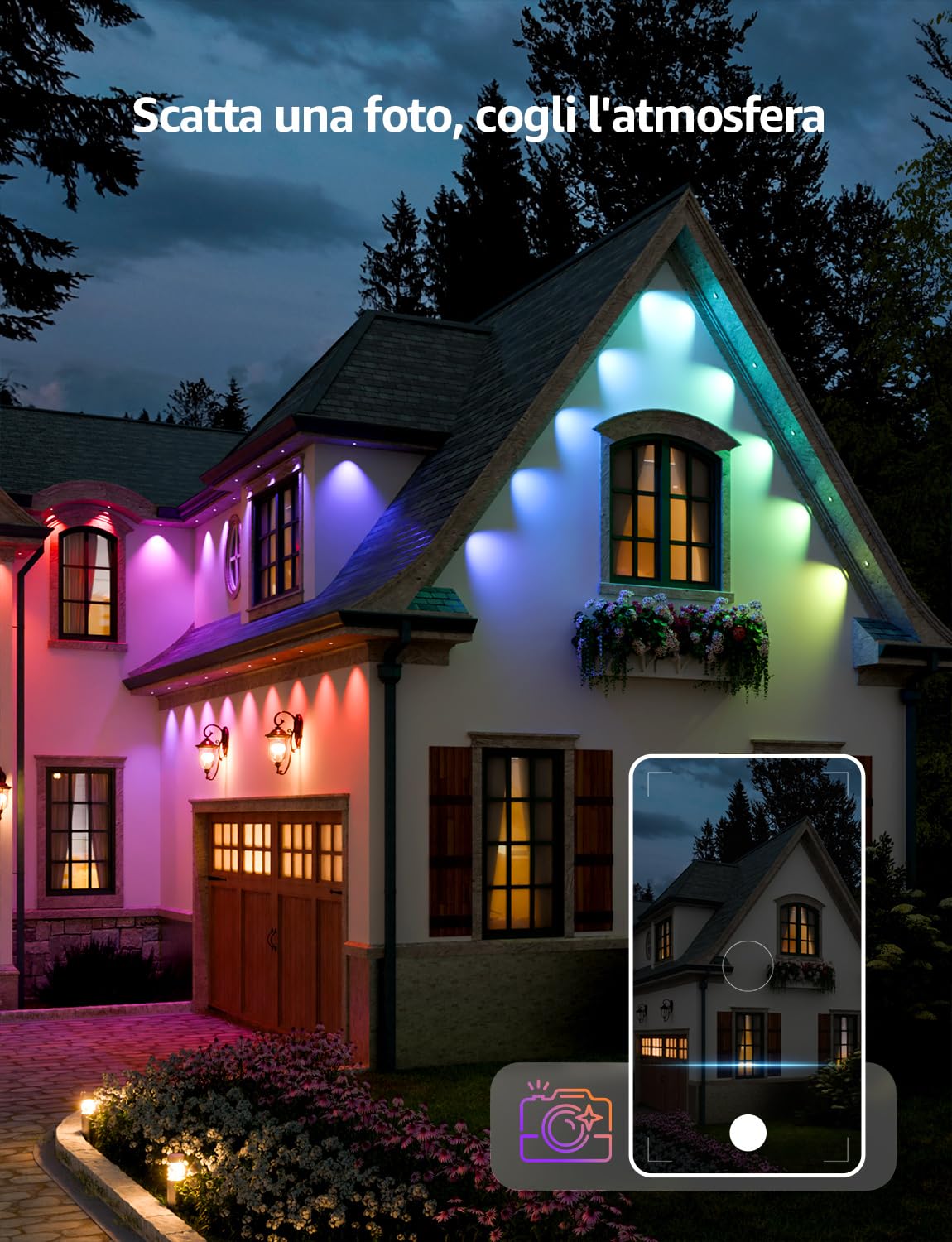 Lepro E1 AI Luci Natale Esterno 30m,60 LED RGBIC & Luce Bianca | Decorazioni Natalizie Compatibile con Alexa/Google Home,Tema AI per Luci Natale,Progettista Illuminazione AI Personalizzato