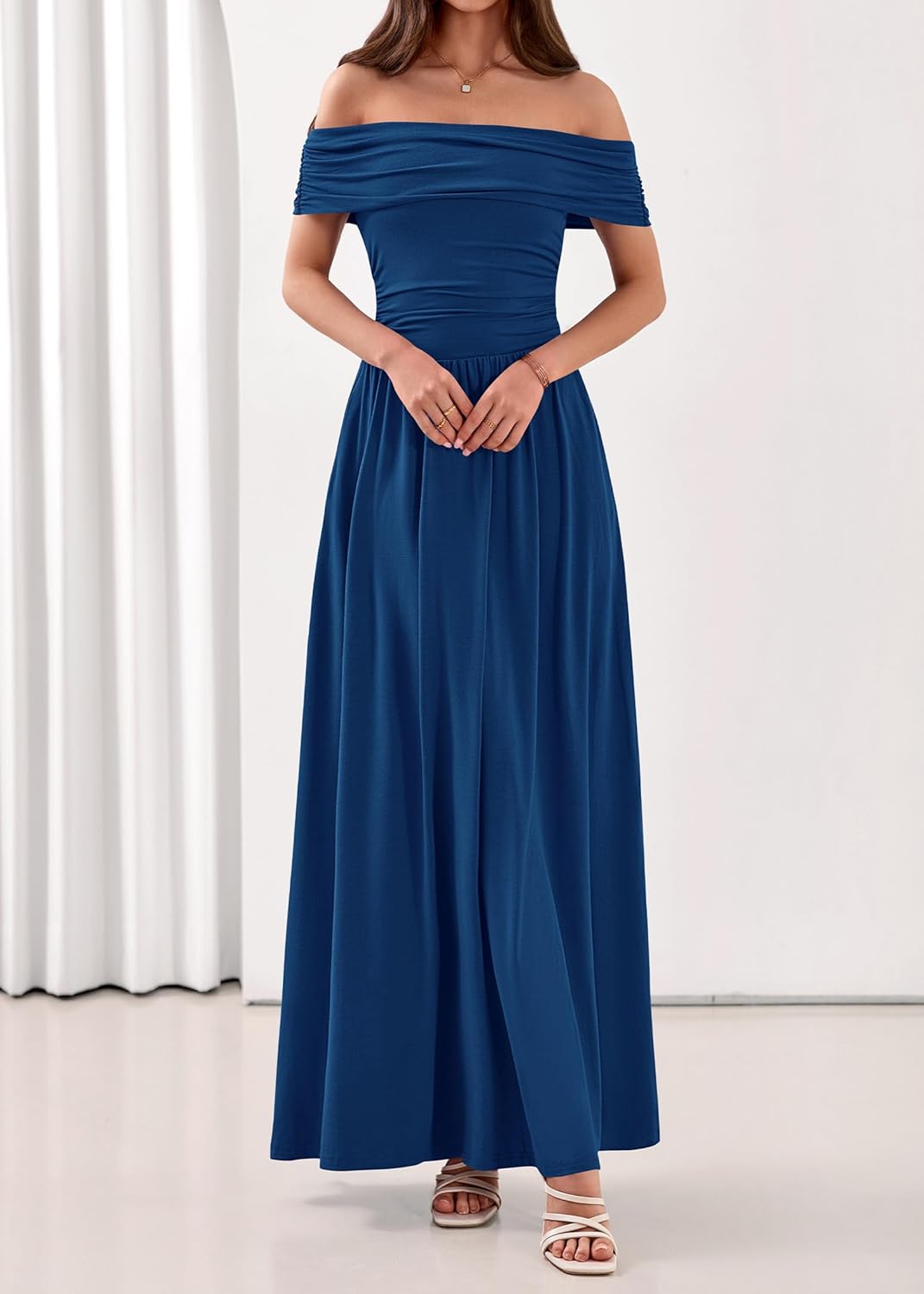 KIRUNDO Cocktail Dresses for Women 2026 Summer Off The Shoulder Ruched Pleated Long Flowy Formal Party Maxi Dresses Pockets - Image 3