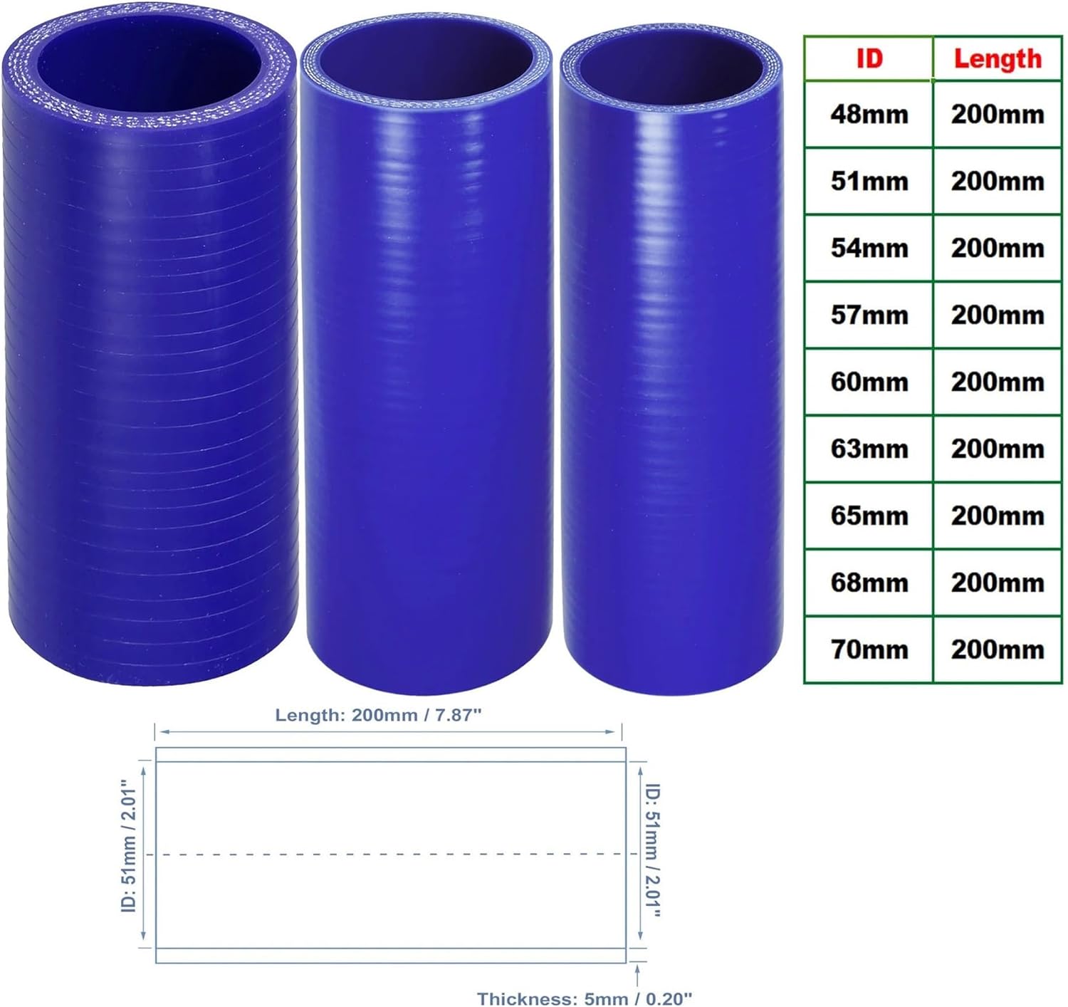 48mm 51mm 54mm 57mm 60mm 63mm 65mm 68mm 70mm ID 200mm 7.87" Length 0 Degree Car Silicone Hose/Hose Universal(51mm ID)