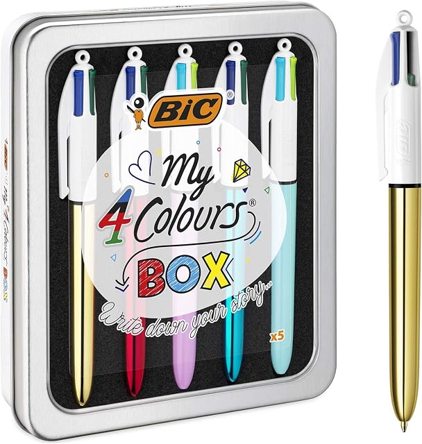 BIC 4 Colours Pens In A Special Metal Tin of 5 Pens, Includes mix of Shine and Bright Barrel Coloured Ink ,Black, red, blue, green