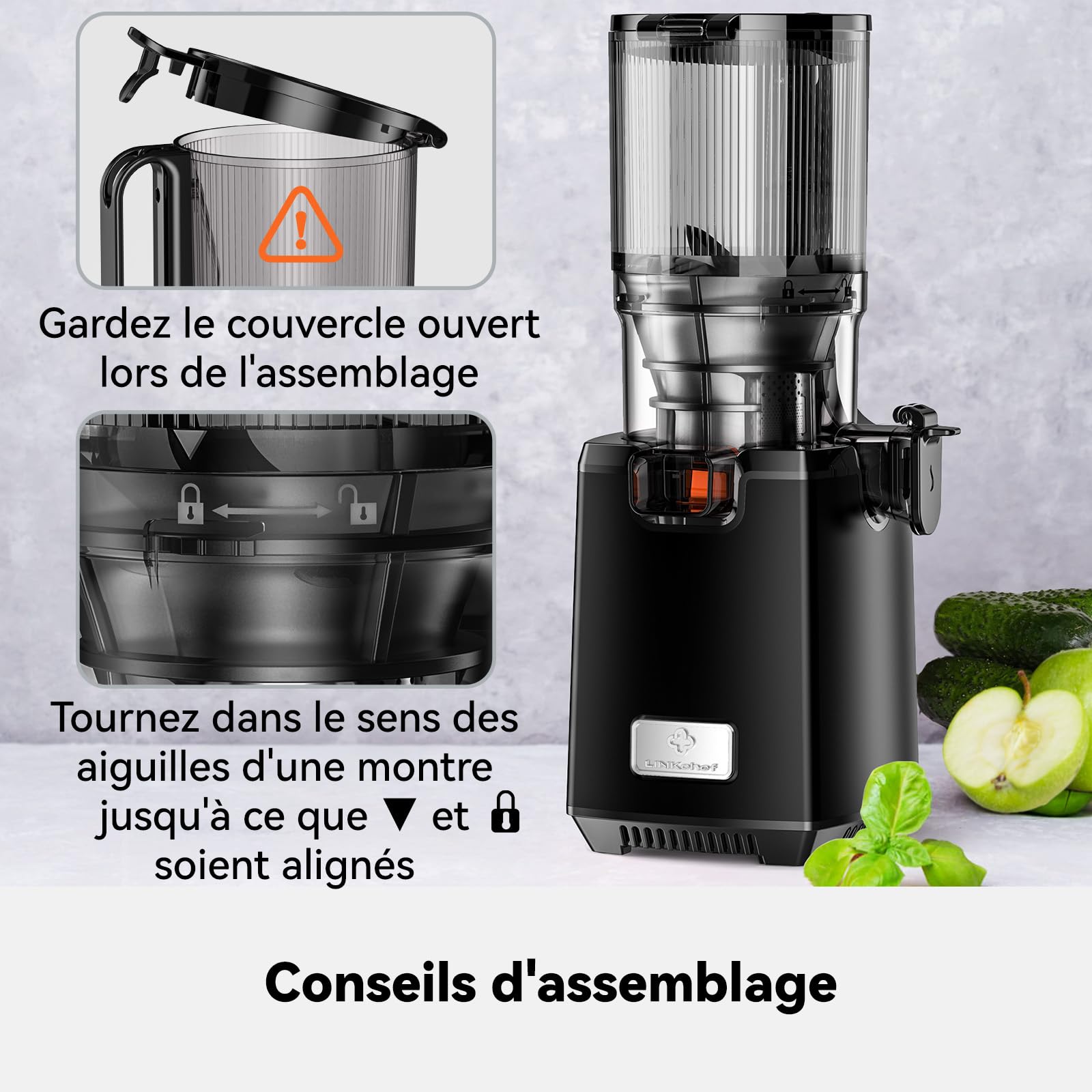 LINKChef Extracteur de Jus,Technologie De Pressage À Froid, Presse-agrumes lent Centrifugeuse, 130 mm Calibro, 250 W, Chambre1,8 L, Facile À Assembler, Pureté du Jus Élevée, Facile à Nettoyer