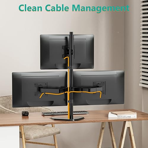 Miniatura 7 de WALI Soporte triple para monitor, soporte de escritorio para tres monitores totalmente ajustable, se adapta a 3 pantallas de hasta 27 pulgadas,