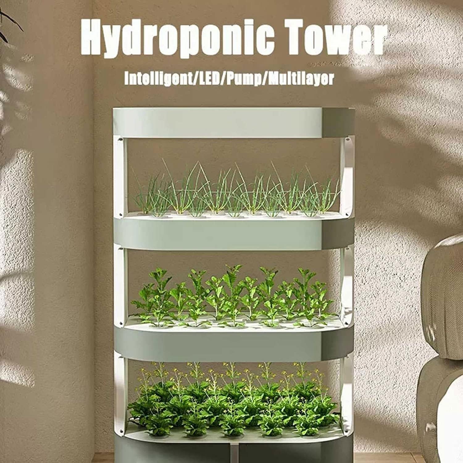 Hydroponisches Indoor-Anbausystem, Hydroponik-Turm mit Vollspektrum-LED-Pflanzenlampen, Fernbedienung, Wasserkreislauf, für Kräuter, Gemüse und Obst – ideal für Hobbygärtner. (Green)