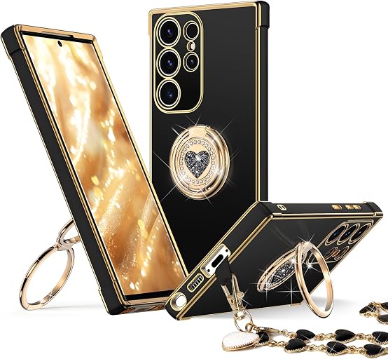 XYZ for Galaxy S26 Ultra Case with Stand, for Samsung Galaxy S26 Ultra Case with Double Ring Kickstand, Women Girls Cute Love-Heart Bling Luxury Protective Phone Case for Samsung S26 Ultra, Black